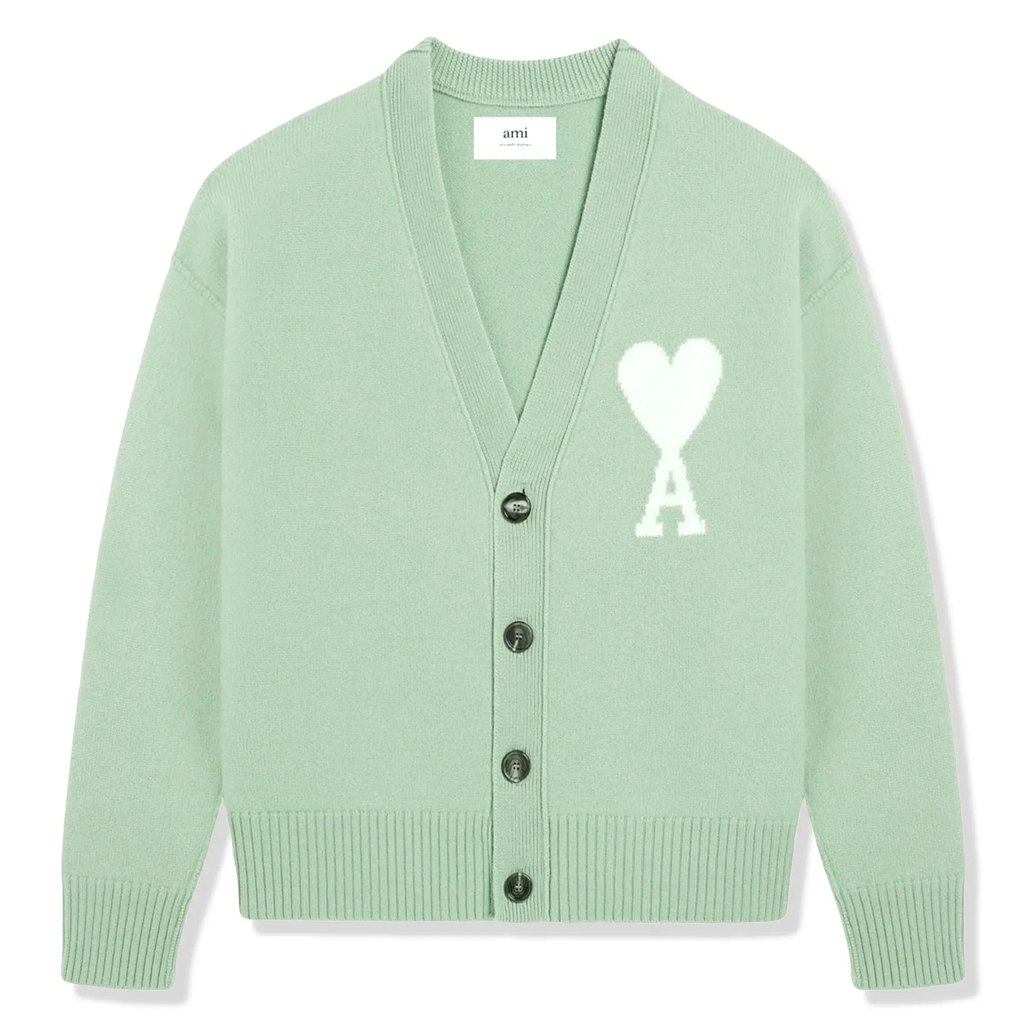 Ami Paris Ami De Coeur Green Cardigan for Women - Soft Knit Sweater | Casual & Office Wear | Perfect for Fall & Winter Outfits