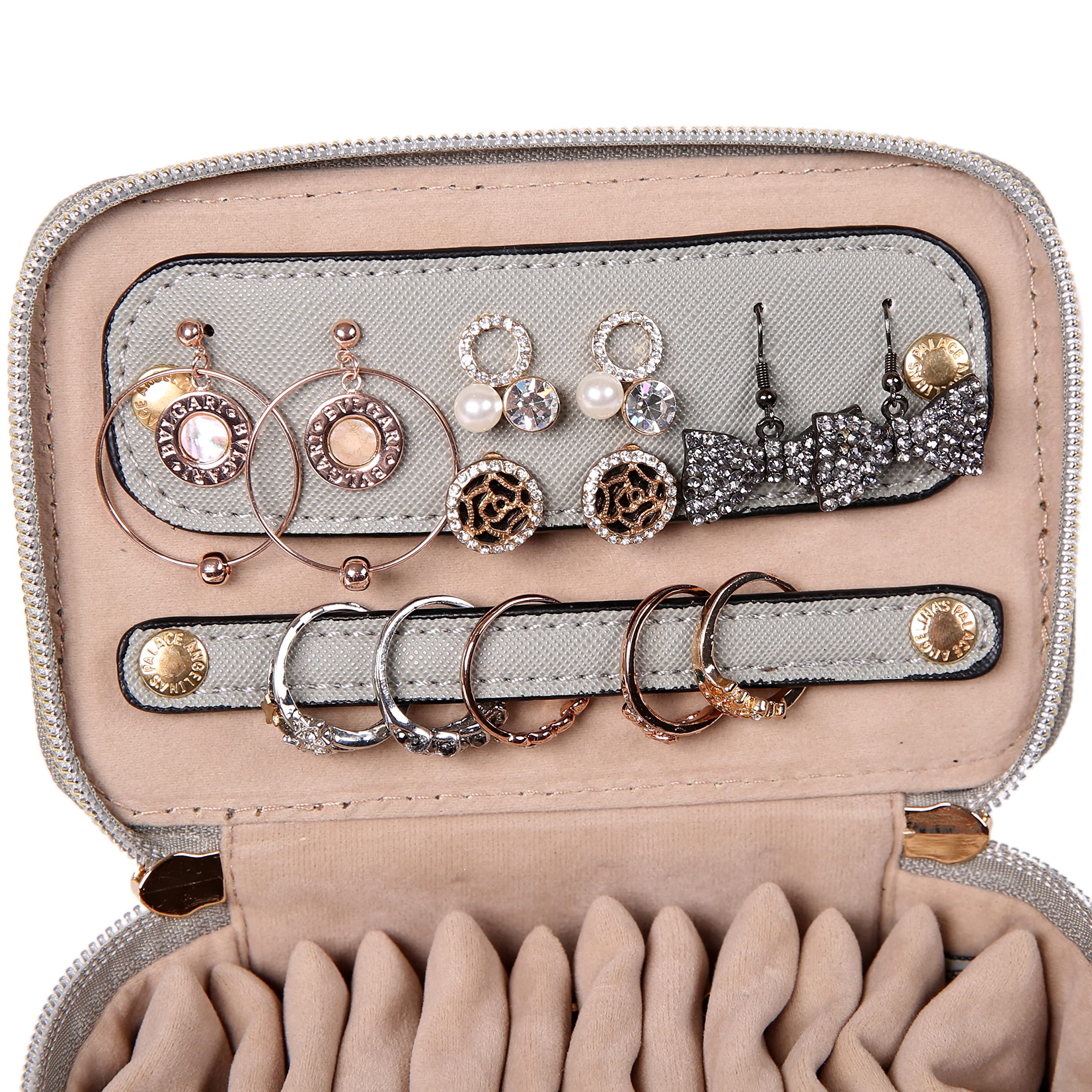 Angelina's Palace Jewelry Organizer Travel Case - Vegan Leather Storage Box for Necklaces, Earrings, Bracelets & Rings - Perfect Bridesmaid Gift & Travel Accessory (Pearl Grey) - Ideal for Wedding, Travel, Daily Organization & Gift Giving