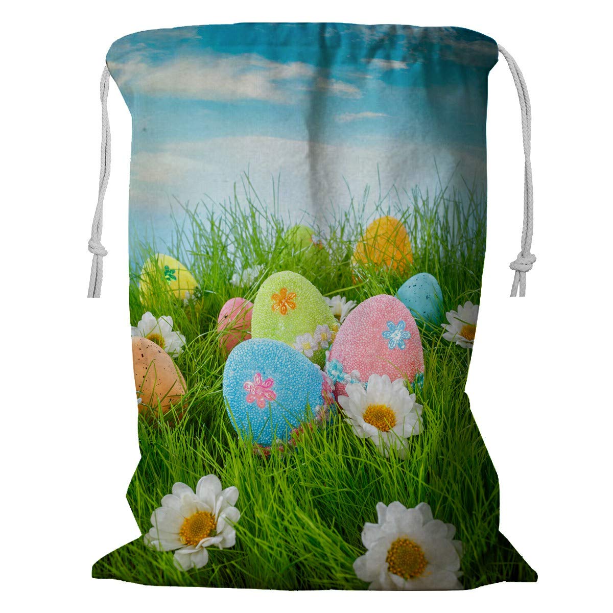 ECZJNT Easter Eggs Grass Blue Sky Storage Basket - 18x24 Inch Drawstring Laundry Bag for Easter Decorations, Organizing Toys & Clothes | Perfect for Home, Nursery & Holiday Storage