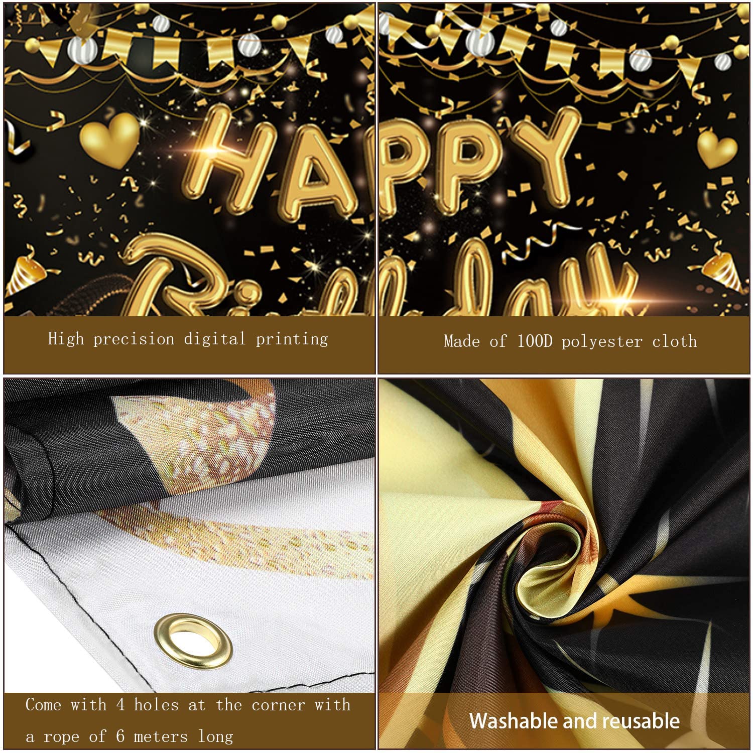 Extra Large Happy Birthday Backdrop Banner - 71 x 43.3 Inch Black Gold Fabric Sign for Photo Booth, Party Decorations | Perfect for Men & Women Birthday, Anniversary Celebrations | Great Gift Idea for Party Supplies