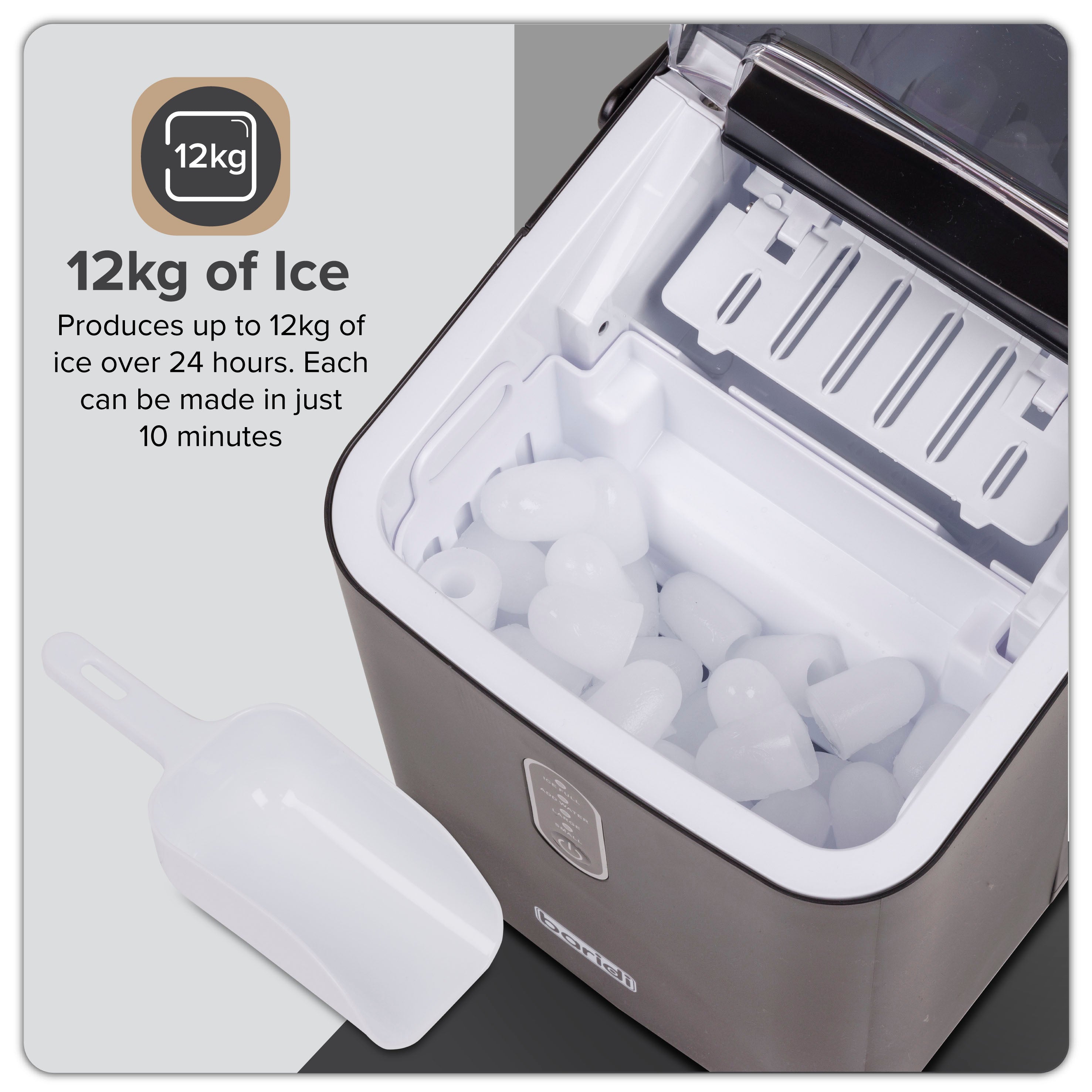 Baridi 12kg/24hr Electric Ice Cube Maker with LED Display - Fast 10 Minute Freeze for Home, Office, and Commercial Use - Perfect for Cocktails, Beverages, and Parties