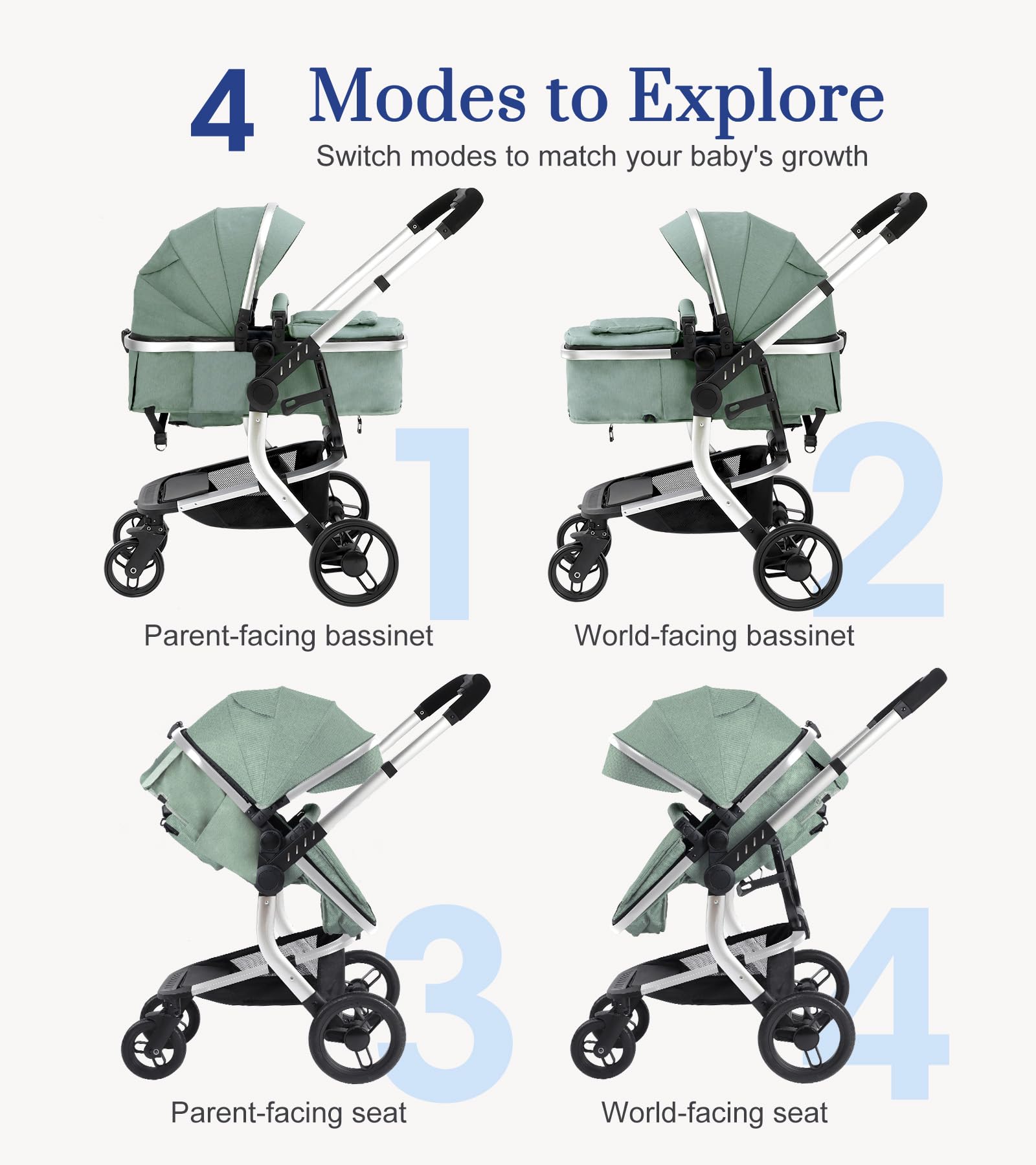 2-in-1 Convertible Baby Stroller with Aluminum Frame & Linen Fabric - Bassinet & Toddler Stroller with Rubber Wheels, Foldable Infant Stroller with Reversible Seat, Adjustable Backrest & Canopy - for Newborn to 3 Years (0-36 Months) - Green | Perfect for Park Walks, Shopping & Travel