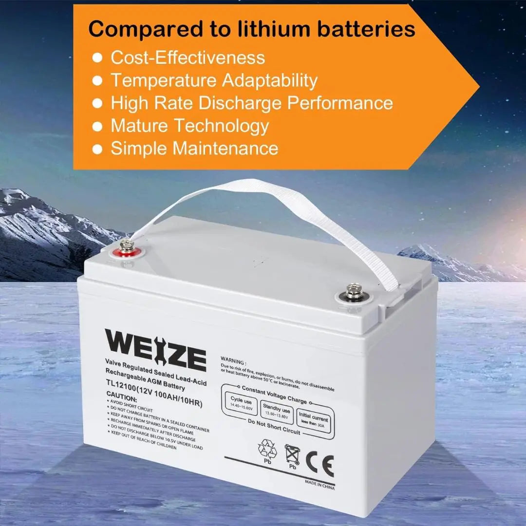 WEIZE 12V 100AH Deep Cycle AGM Battery for Solar, RV, Marine - Maintenance-Free SLA Battery (Light Grey) - Perfect for Off-Grid Power, Trolling Motors & Backup Systems