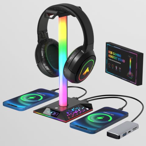 RGB Gaming Headphone Stand with Dual USB Chargers & Cool LED Lights - Premium PC Gaming Accessories for Men, Boys & Gamers - Perfect Headset Holder for Desk Setup, Streaming & Esports Gaming