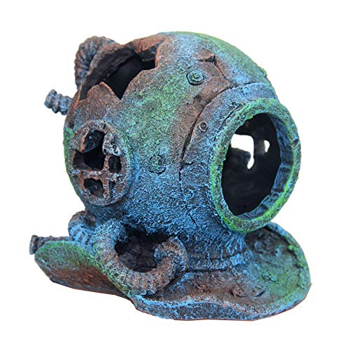 Vintage Diving Helmet Aquarium Decoration - 14x13x14cm Underwater Shipwreck Fish Tank Ornament for Tropical & Saltwater Tanks | Perfect for Betta, Goldfish & Marine Aquascaping