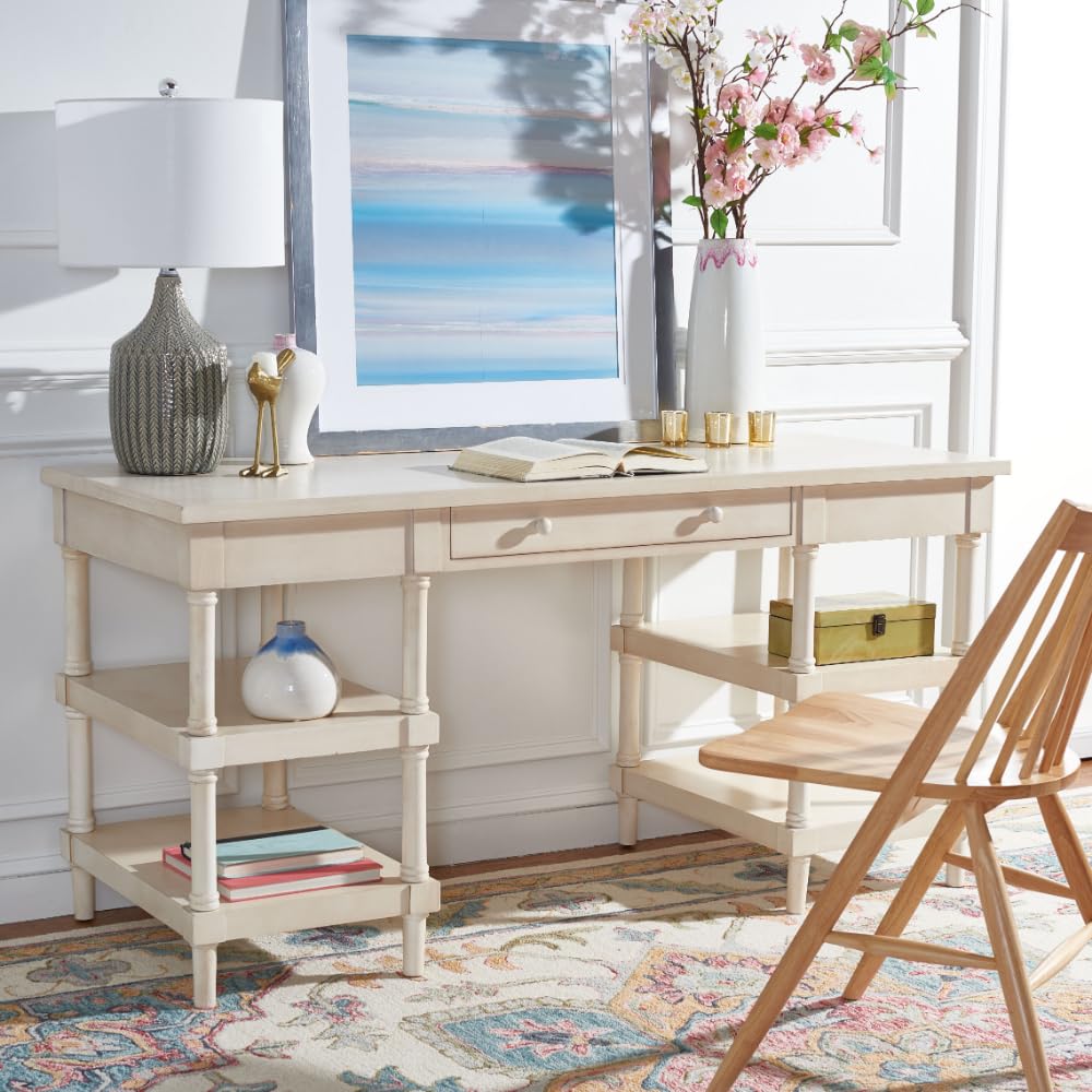 Safavieh American Homes Collection Dixon Washed White Wooden Desk - Vintage Style Home Office Furniture for Study Room & Workspace