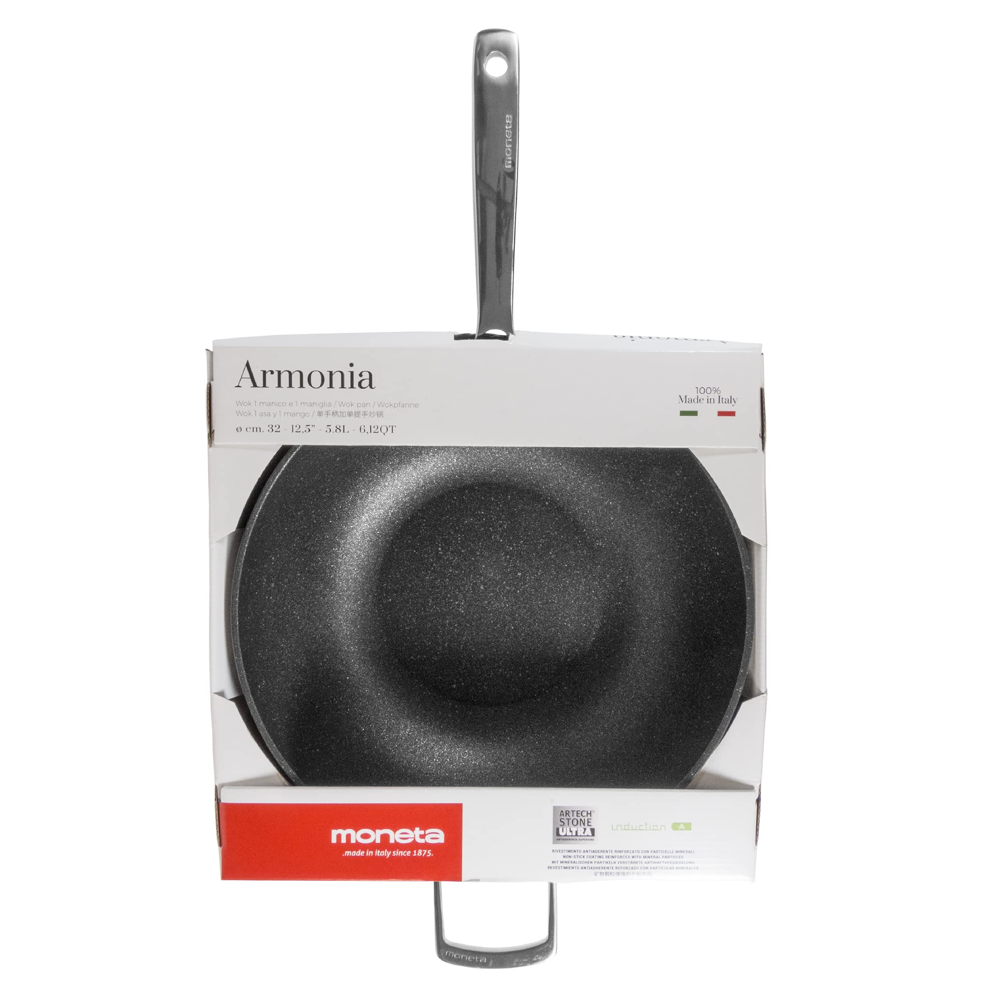32cm Moneta Armonia Wok Pan with Handle & Helper Handle - Premium Carbon Steel Stir Fry Pan for Gas, Induction & All Cooktops - Perfect for Asian Cooking, Stir Frying, Sautéing & Deep Frying