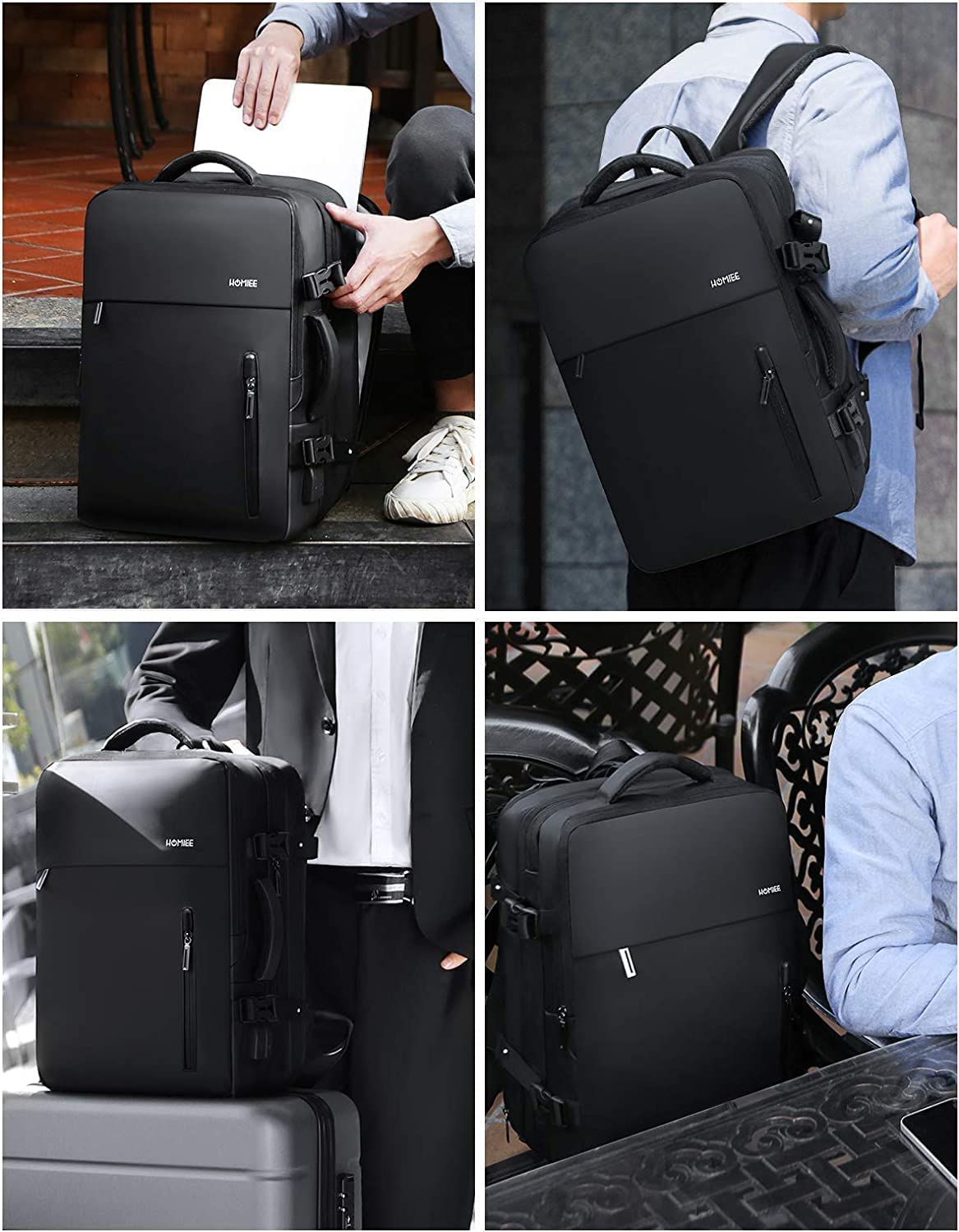 HOMIEE 40L Expandable Waterproof Laptop Backpack for Business Travel - Flight Approved Carry-On Backpack Fits 15.6 Inch Laptop, Large Capacity Anti-Theft Travel Backpack (Black) - Perfect for Business Trips, Commuting & Airplane Travel