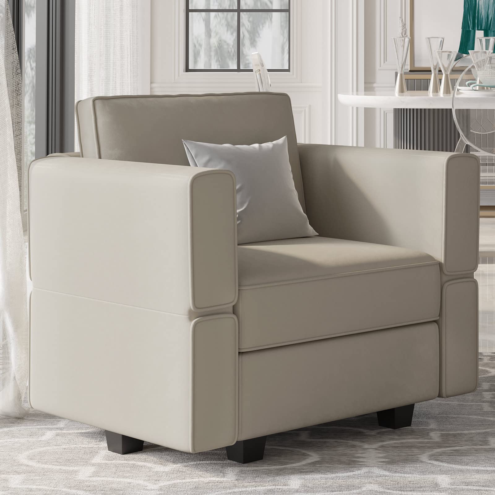 Belffin Modular Sectional Arm Chair with Storage Seat - Velvet Grey Accent Chair for Living Room, Apartment, or Office - Comfortable Single Club Chair for Relaxing & Reading