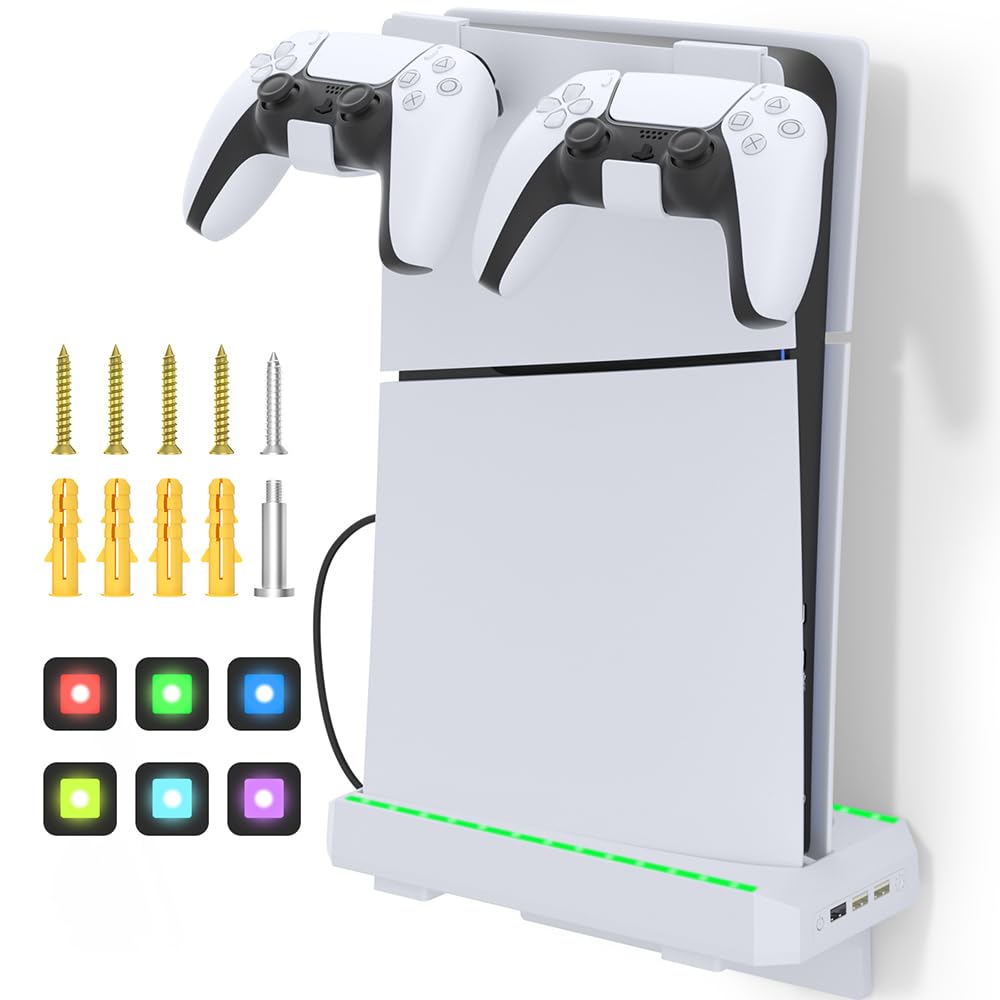 JOYJOM PS5 Slim Stand - Vertical & Wall Mount Kit with RGB LED Lights & 3 USB Ports for PS5 Slim Digital/Disc Edition - Perfect for Gaming Setup & Console Display
