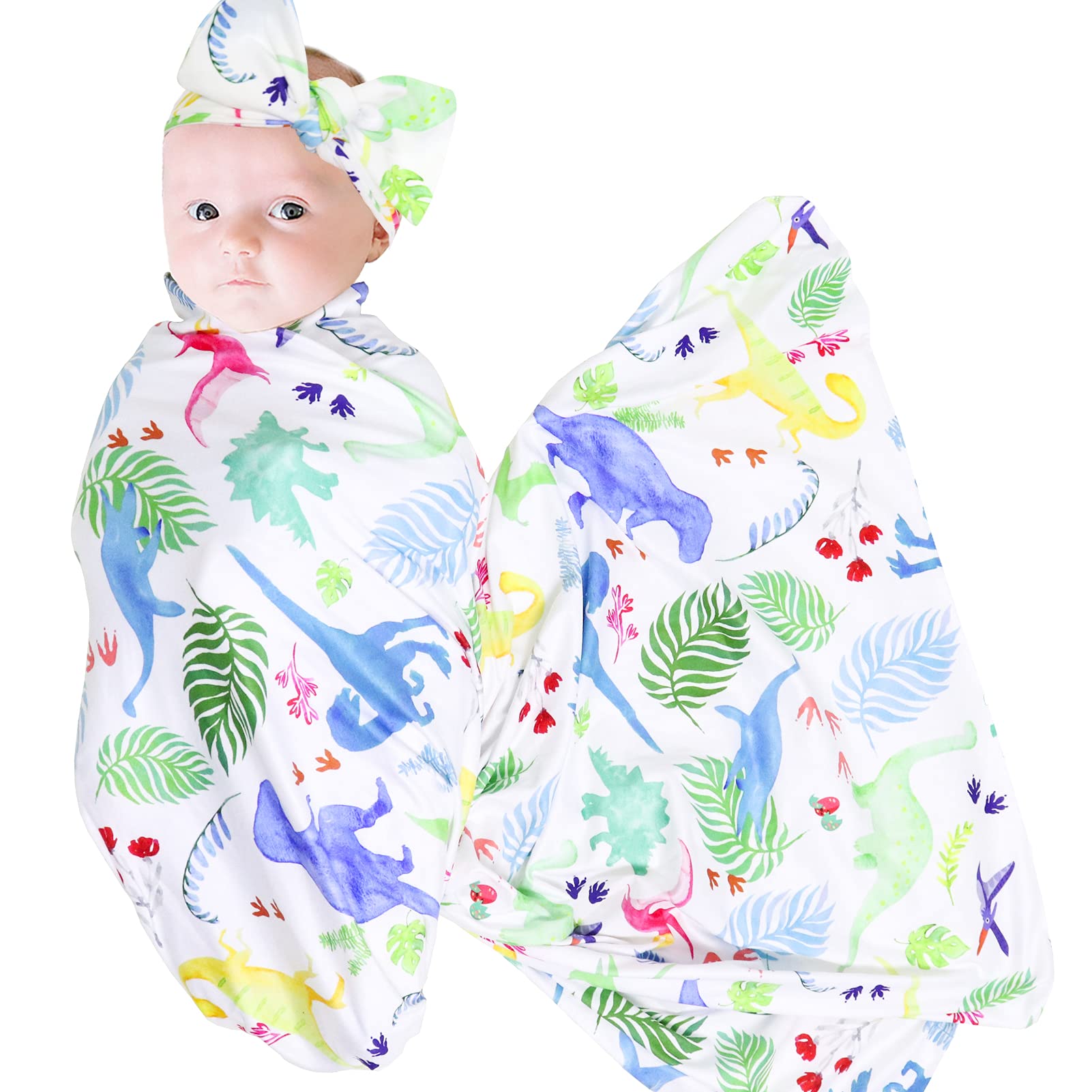 Soft Newborn Baby Swaddle Blankets Set - 100% Cotton Infant Receiving Blankets for Boys & Girls - Breathable Baby Wraps & Sleep Sacks - Perfect Baby Shower Gift (White Dinosaur Print) - Ideal for Nursery, Hospital & Travel Use
