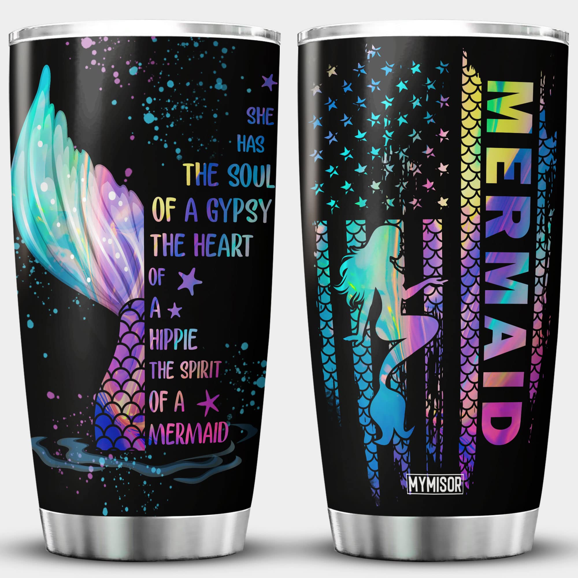 **Mermaid Tumbler with American Flag Design - Stainless Steel Insulated Travel Mug for Women, Motivational Quote & Mermaid Lover Gift - Perfect for Beach Trips, Yoga, and Birthday Presents**