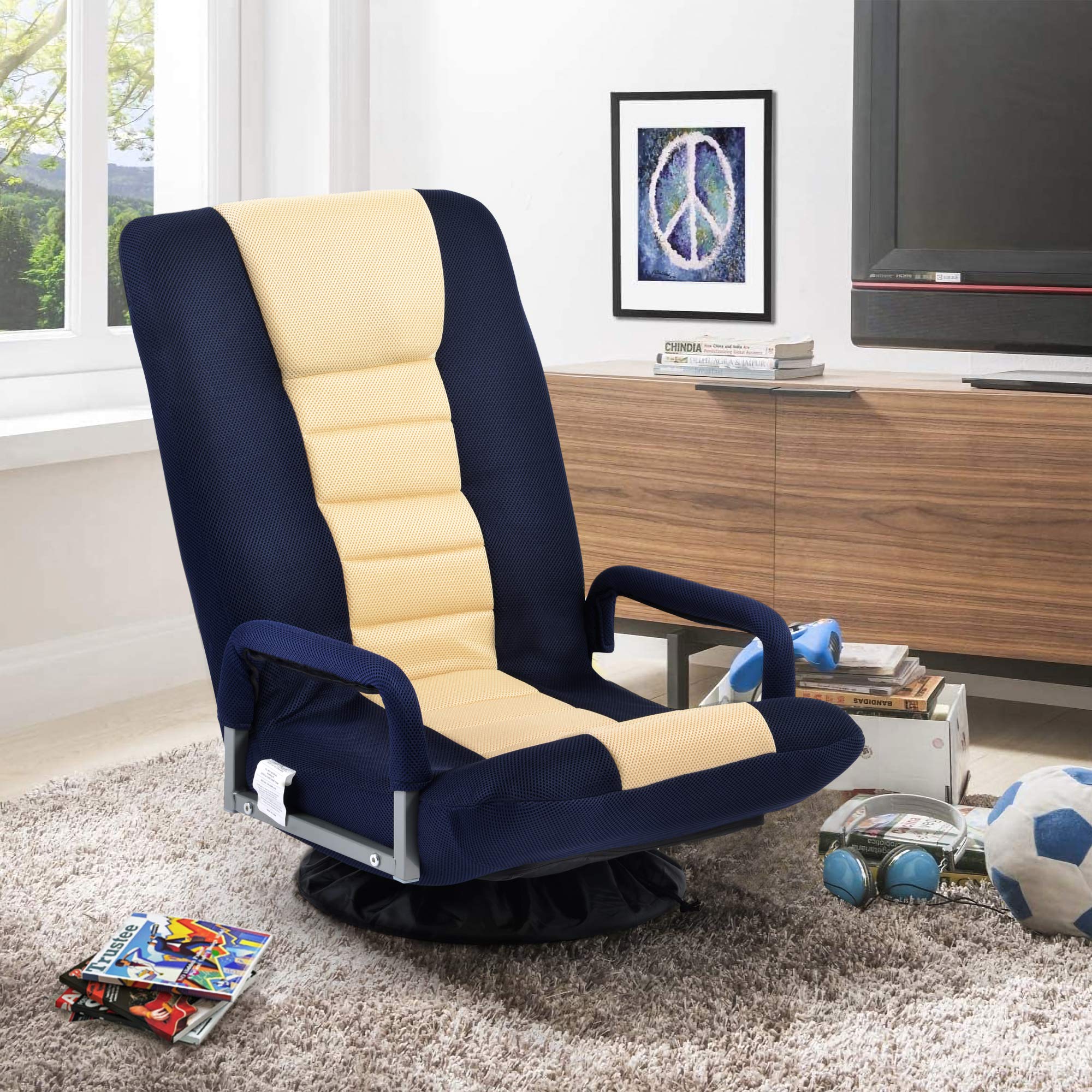 ELEOPTION Swivel Video Rocker Gaming Chair - Adjustable 7-Position Floor Chair with Lumbar Support, Foldable Sofa Lounger for Adults (Blue & Beige) - Perfect for Gaming, Movie Nights, and Living Room Relaxation