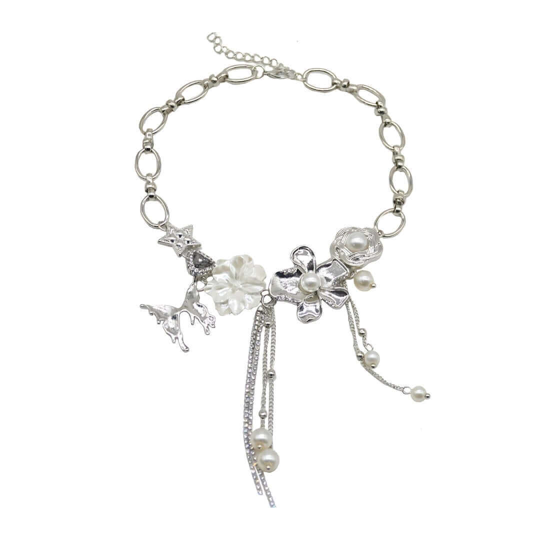 Y2K Metallic Butterfly Pearl Choker Necklace with Tassel - Vintage 90s Retro Fashion Jewelry for Women | Perfect for Parties, Concerts & Festivals