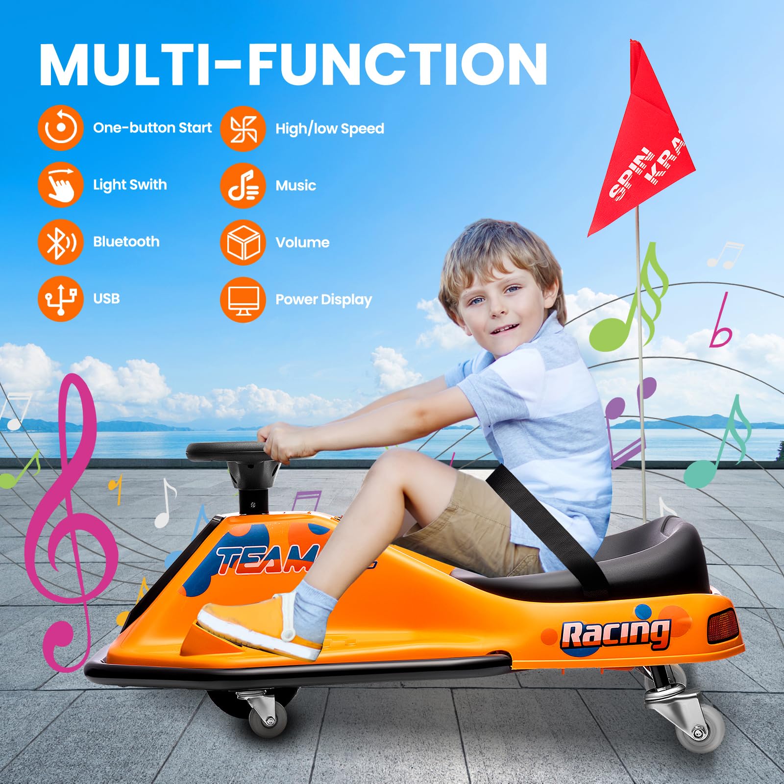 24V Kids Electric Drift Go-Kart with 7Ah Battery - 360° Rotating Drift System, Adjustable Speed & LED Lights - Perfect for Outdoor Play, Birthday Gifts & Backyard Racing (Orange)