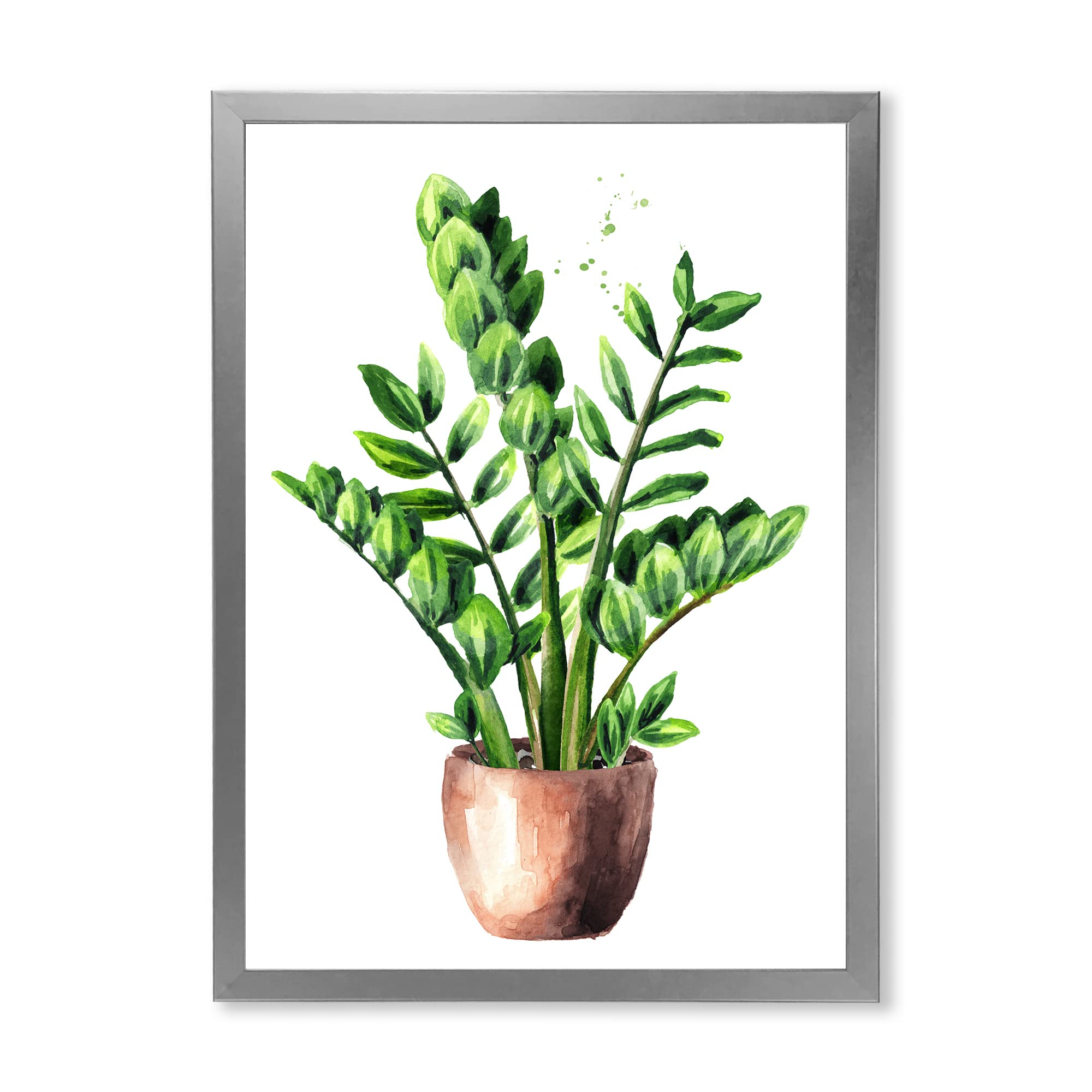 DesignQ Zamioculcas Tropical Plant Green Leaves Framed Wall Art - Home & Office Decor, Living Room, Bedroom, Dining Room Wall Hanging