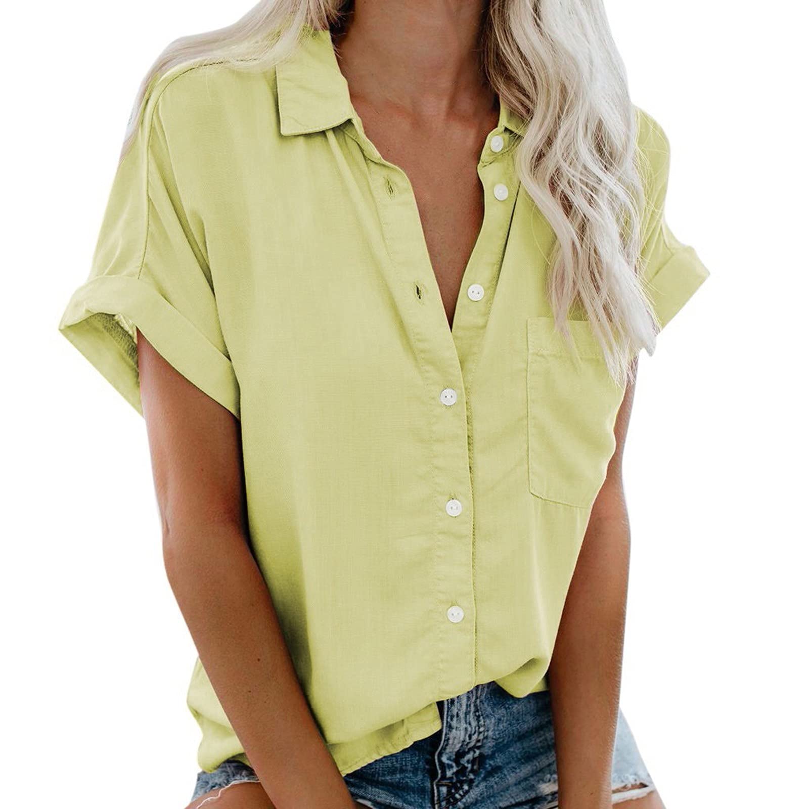 Women's Casual Summer Tops Short Sleeve Button Down Blouse with Pocket - Fashionable & Comfortable Tee Shirt for Women | Perfect for Beach Outings, Office Wear & Weekend Brunch
