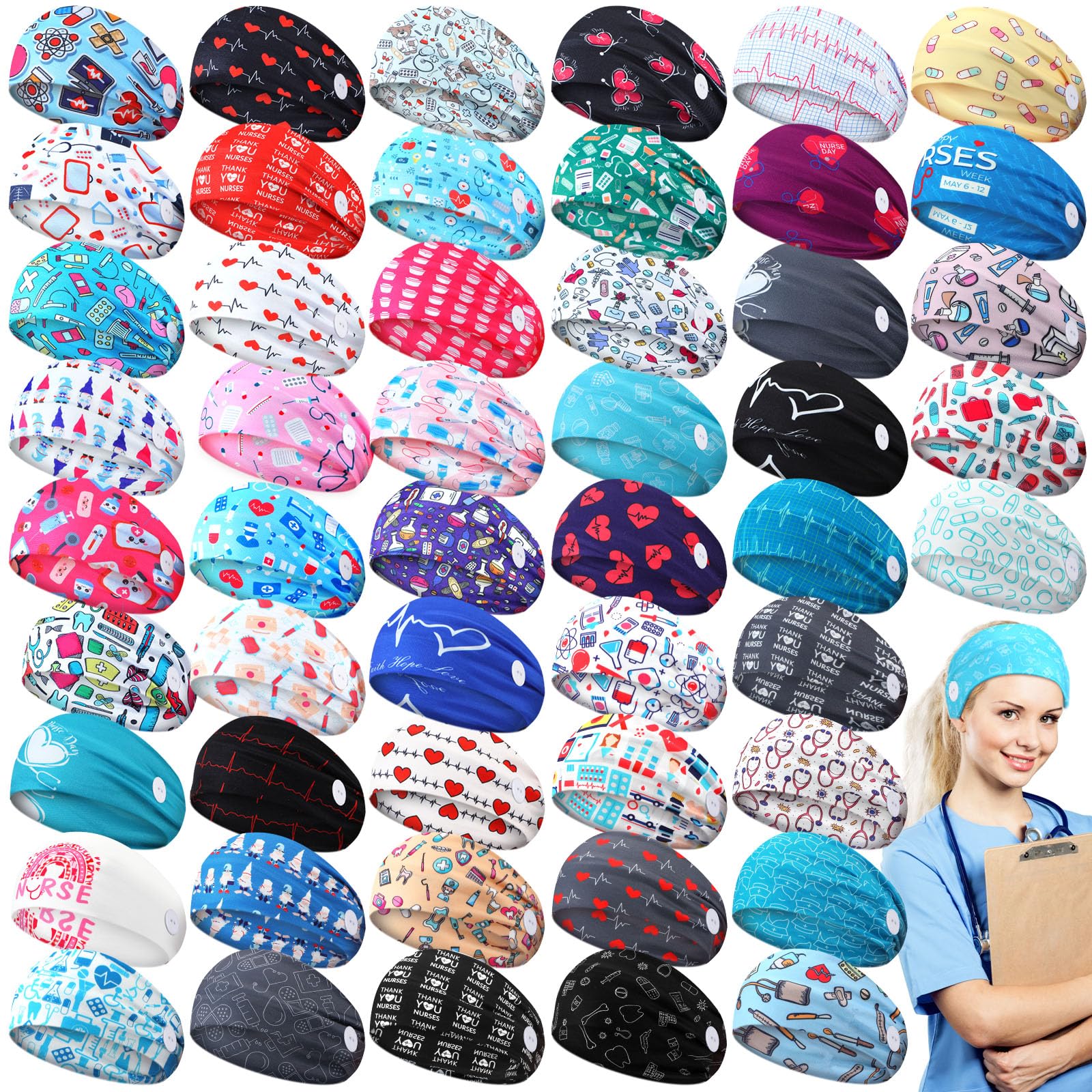 Hotop Non-Slip Elastic Women's Headbands with Buttons - Soft Ear Protection Head Wraps for Nurses, Doctors & Athletes - Adjustable Hair Bands for Work, Sports & Daily Use - Perfect Gift for Healthcare Workers & Fitness Lovers