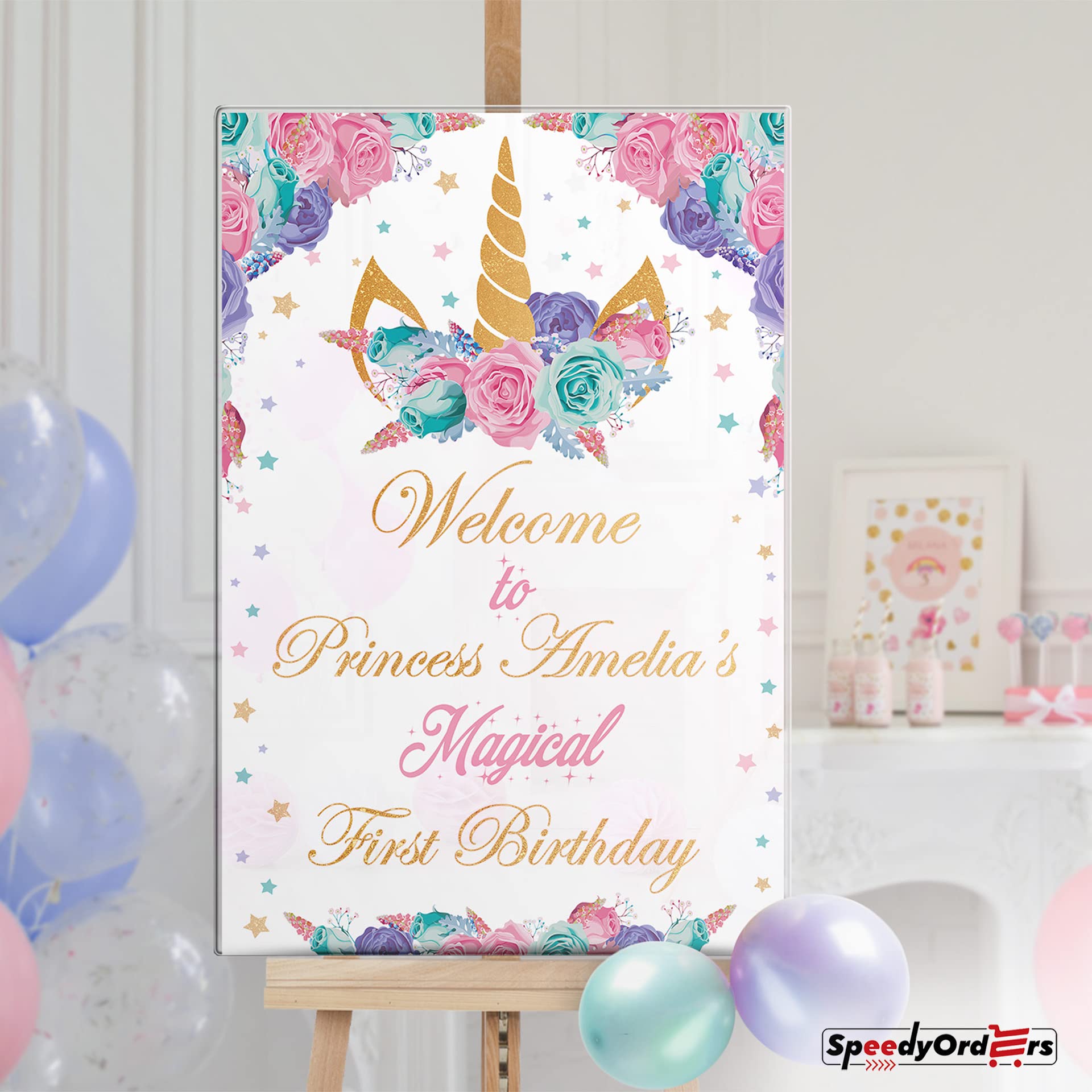 Magical Rainbow Unicorn Birthday Welcome Sign - Floral Unicorn Theme Party Decor - Perfect for Girls' Birthday Celebrations, Baby Showers & Fantasy Themed Events