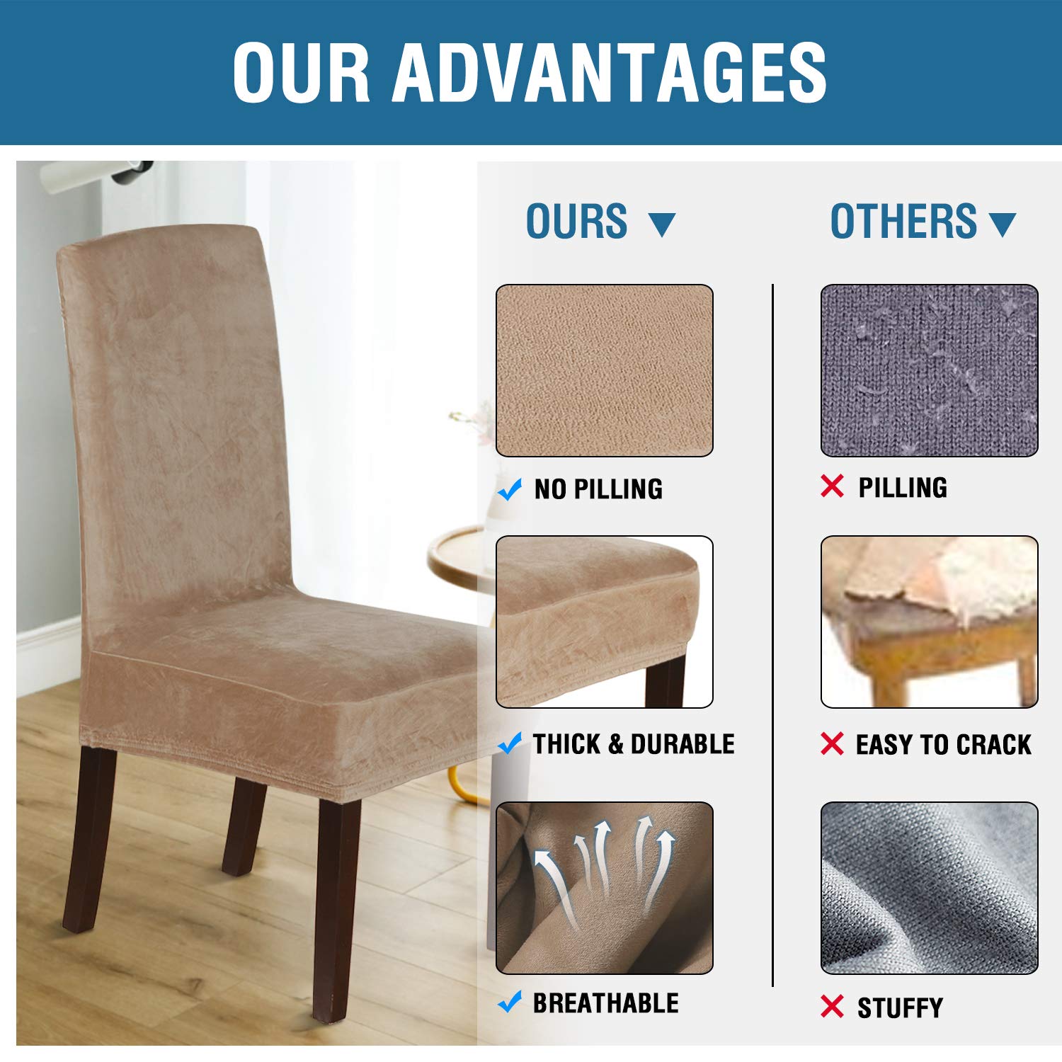 H.VERSAILTEX Velvet Dining Chair Covers - Set of 6, Washable Camel for Elegant Dining