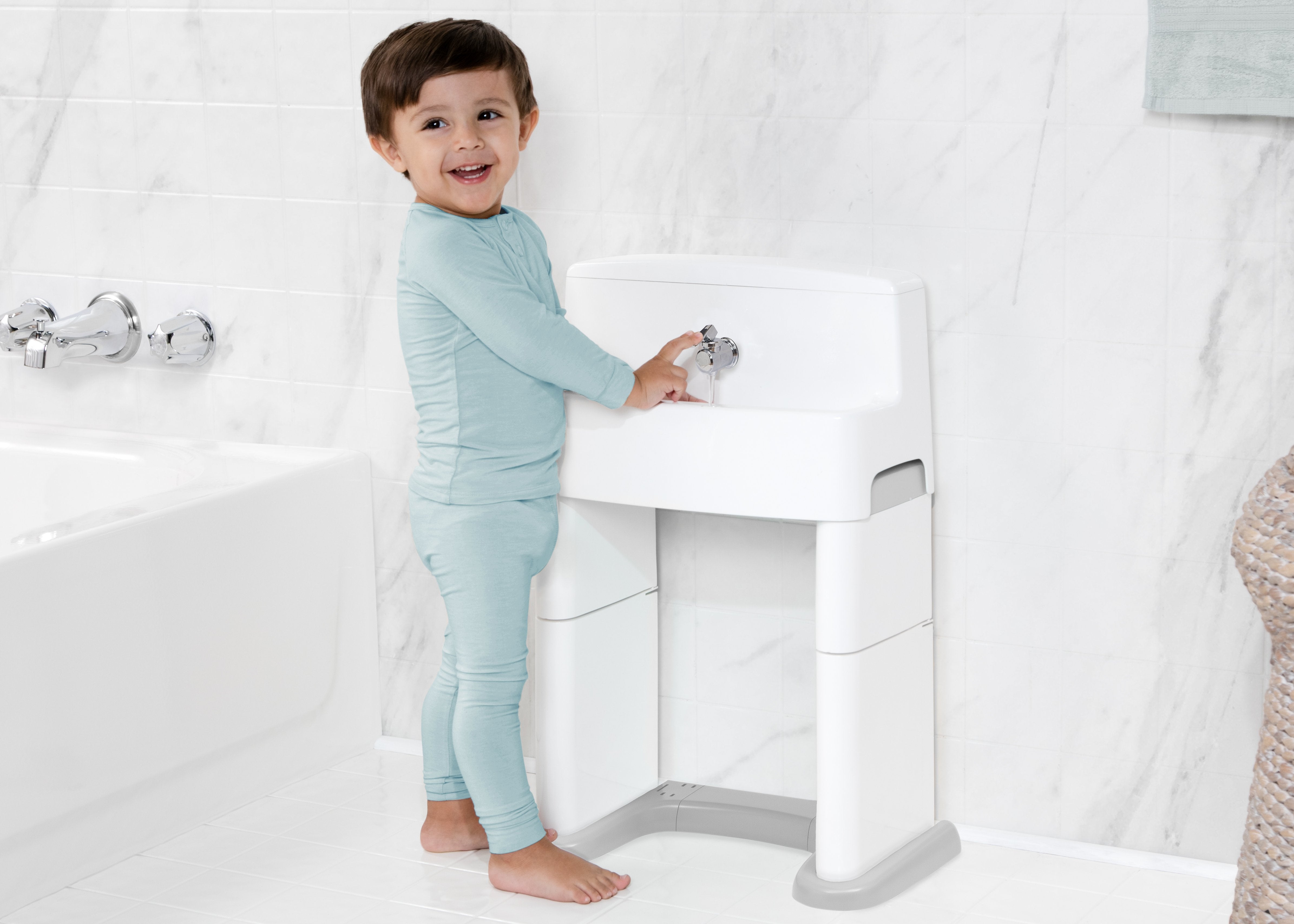 PerfectSize 3-in-1 Convertible Kids Sink, Step Stool & Bath Toy - Space-Saving Baby Bathroom Essentials for Toddler Play & Learning