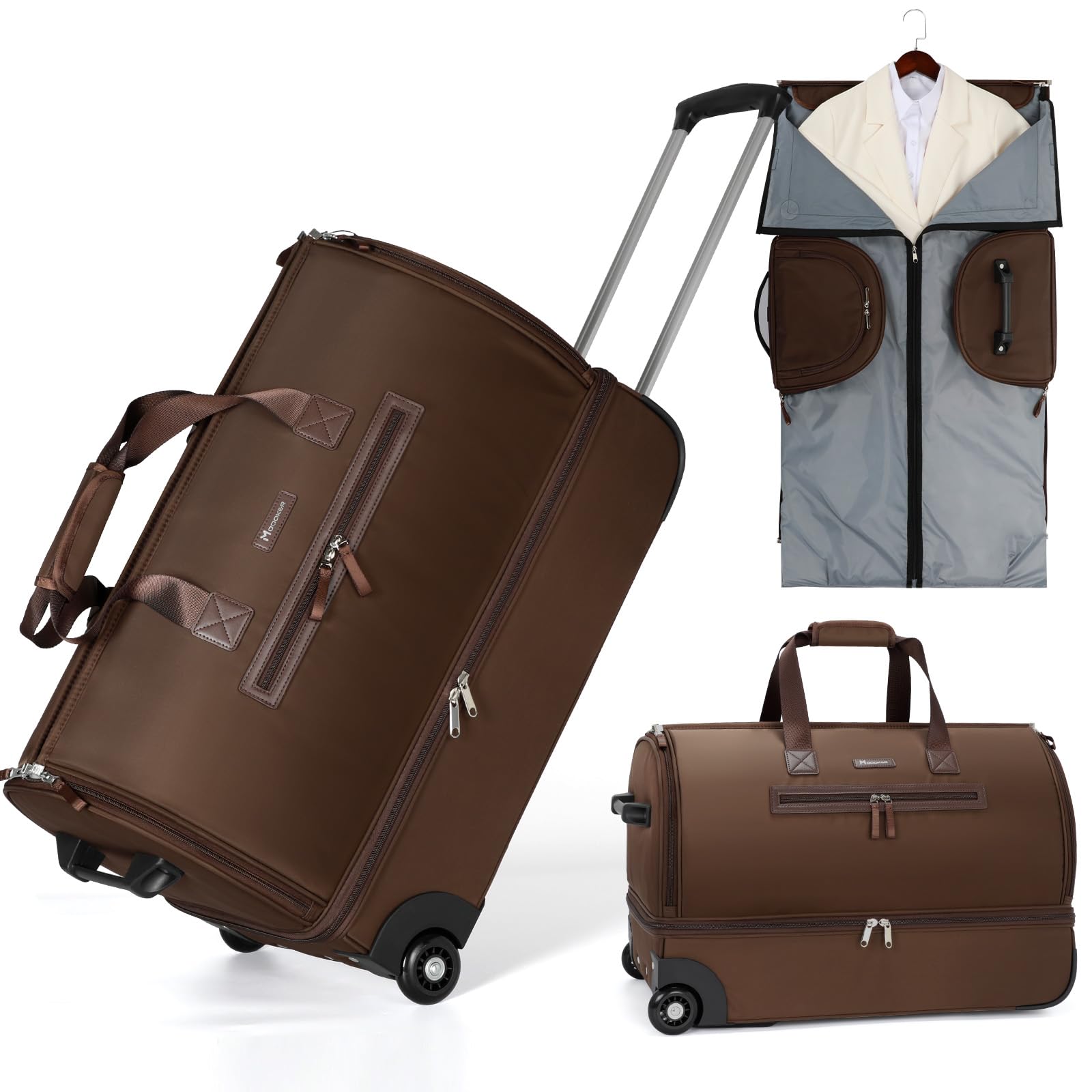 Modoker Convertible Rolling Garment Bag for Travel - Expandable Suitcase with Wheels, Trolley Handle & Shoe Compartment | Business Trip Luggage, Weekender Duffel Bag for Men & Women (Brown) - Perfect for Air Travel, Business Meetings & Weekend Getaways