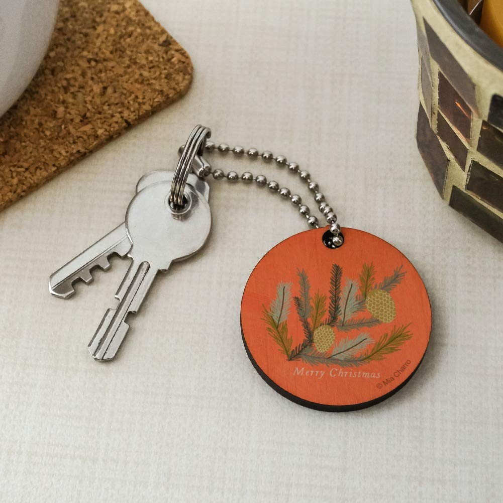 Merry Christmas Pinecone Wooden Round Keychain - Festive Holiday Key Ring for Gifts & Decor | Perfect for Christmas Tree Ornaments, Stocking Stuffers & Party Favors