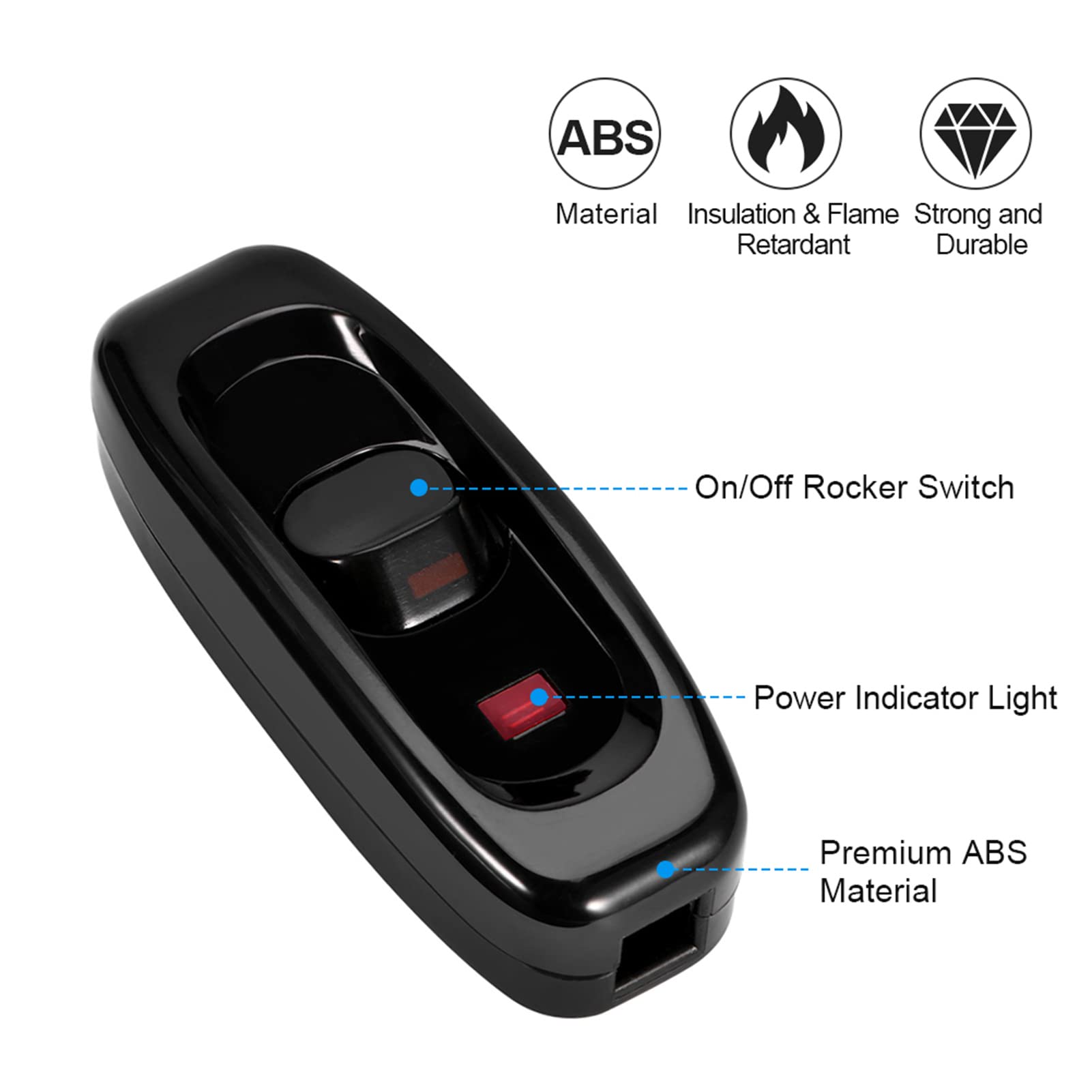 Inline Cord Switch On/Off Button - 250V 10A Rocker Switch with LED Indicator for Table Lamps, Desk Lights & Bedroom Appliances - Perfect for Home, Office & Dorm Room Lighting Control