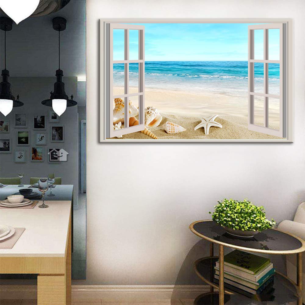 Premium Canvas Wall Art - Framed Seashell Seascape Giclee Painting for Living Room Decor | Coastal Beach Theme Home Wall Decorations | Perfect for Beach House, Bedroom & Office Wall Art