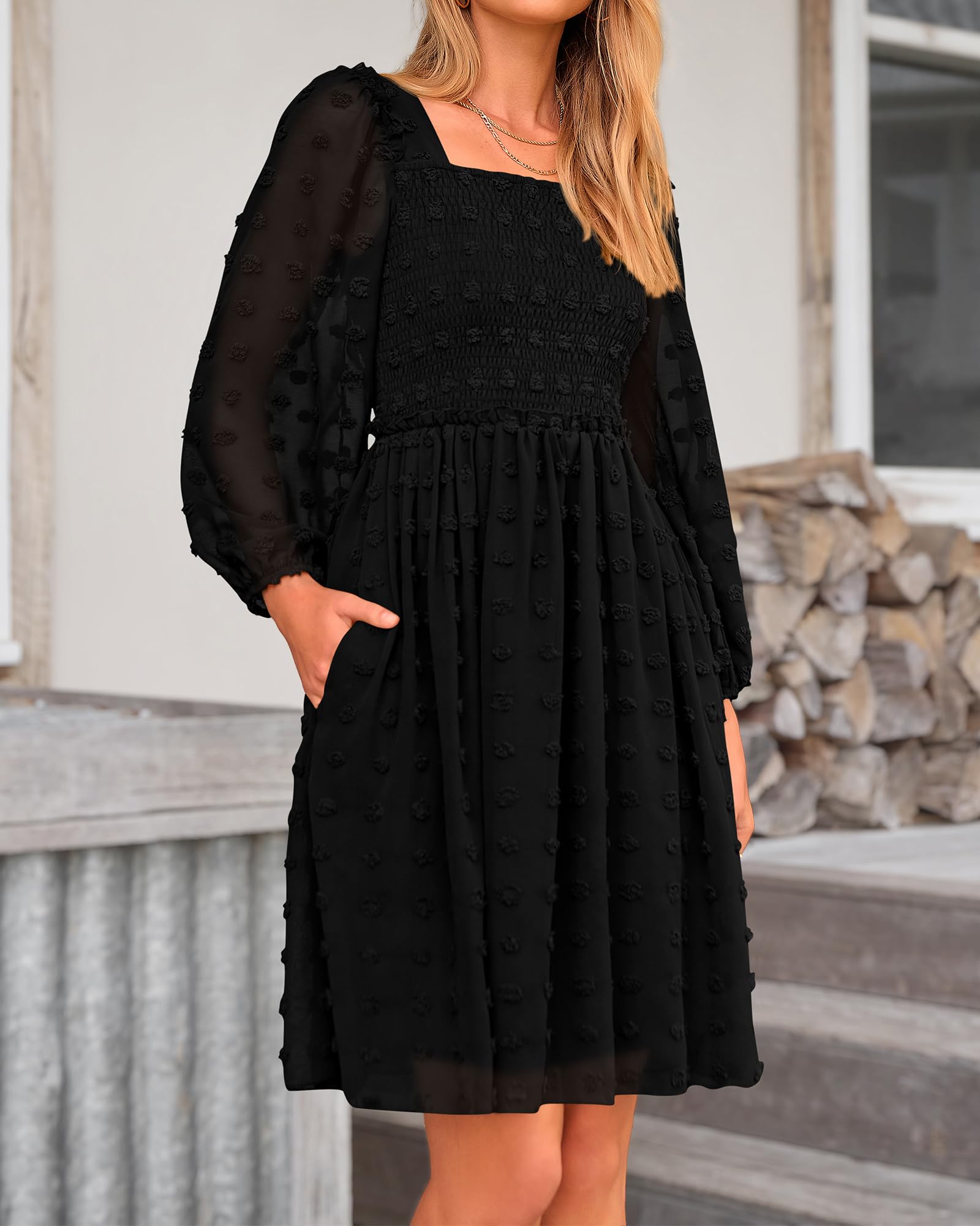 BTFBM Women's Floral Swiss Dot Smocked Mini Dress - Square Neck Long Sleeve Boho Wedding Guest Dress for Spring & Summer 2025 | Perfect for Garden Parties, Bridal Showers & Date Nights