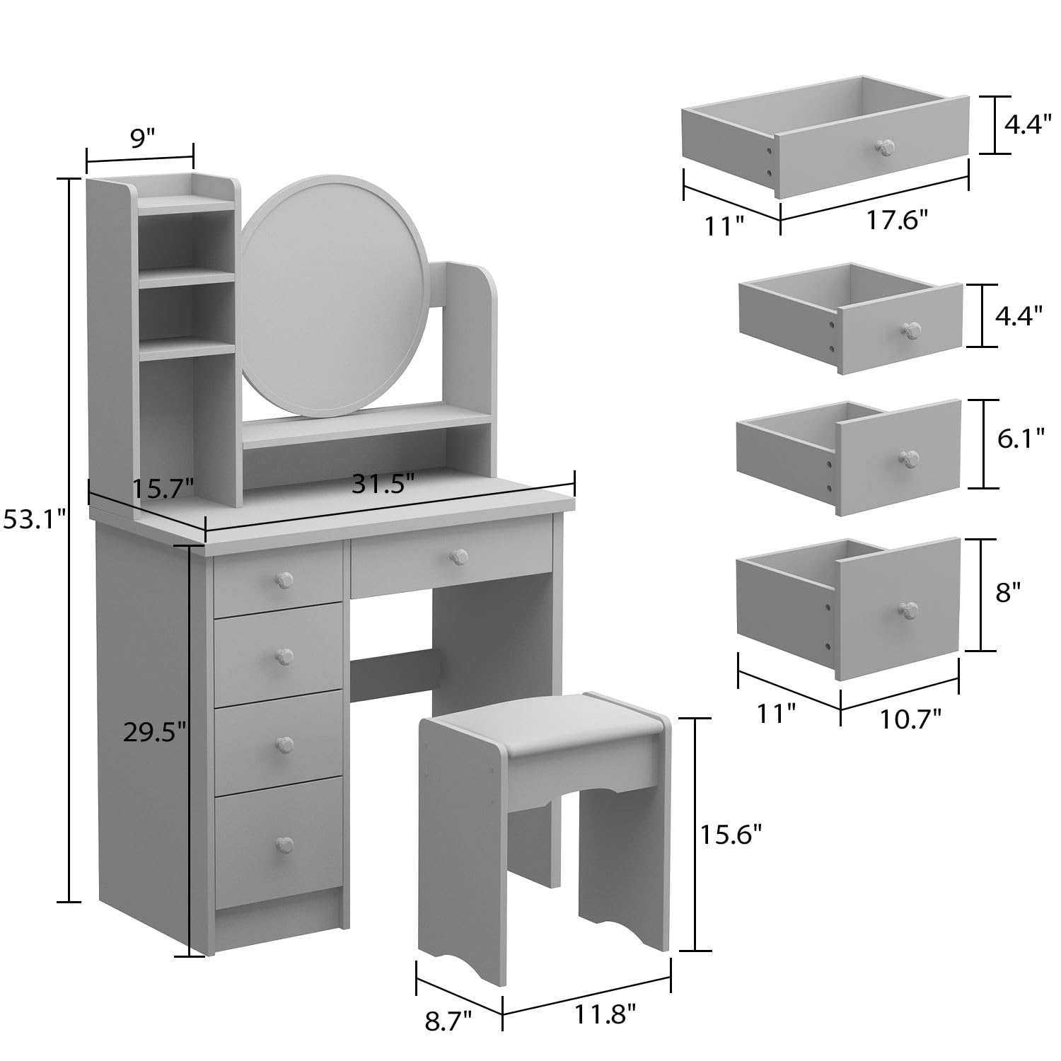 MOUMON Vanity Desk with LED Lights & Mirror - Makeup Dressing Table with Drawers, Shelves & Crystal Handles - Includes Cushioned Stool - Perfect for Bedroom, Dorm Room & Beauty Salon (Black)
