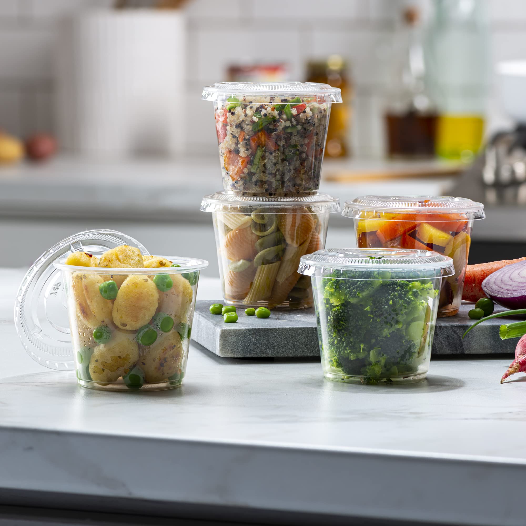 200 Pack 5 oz Clear Disposable Plastic Portion Cups with Lids - Small Mini Containers for Portion Control, Jello Shots, Meal Prep, Sauce, Condiments, Slime, Medicine - Perfect for Parties, Restaurants, Catering & Home Use
