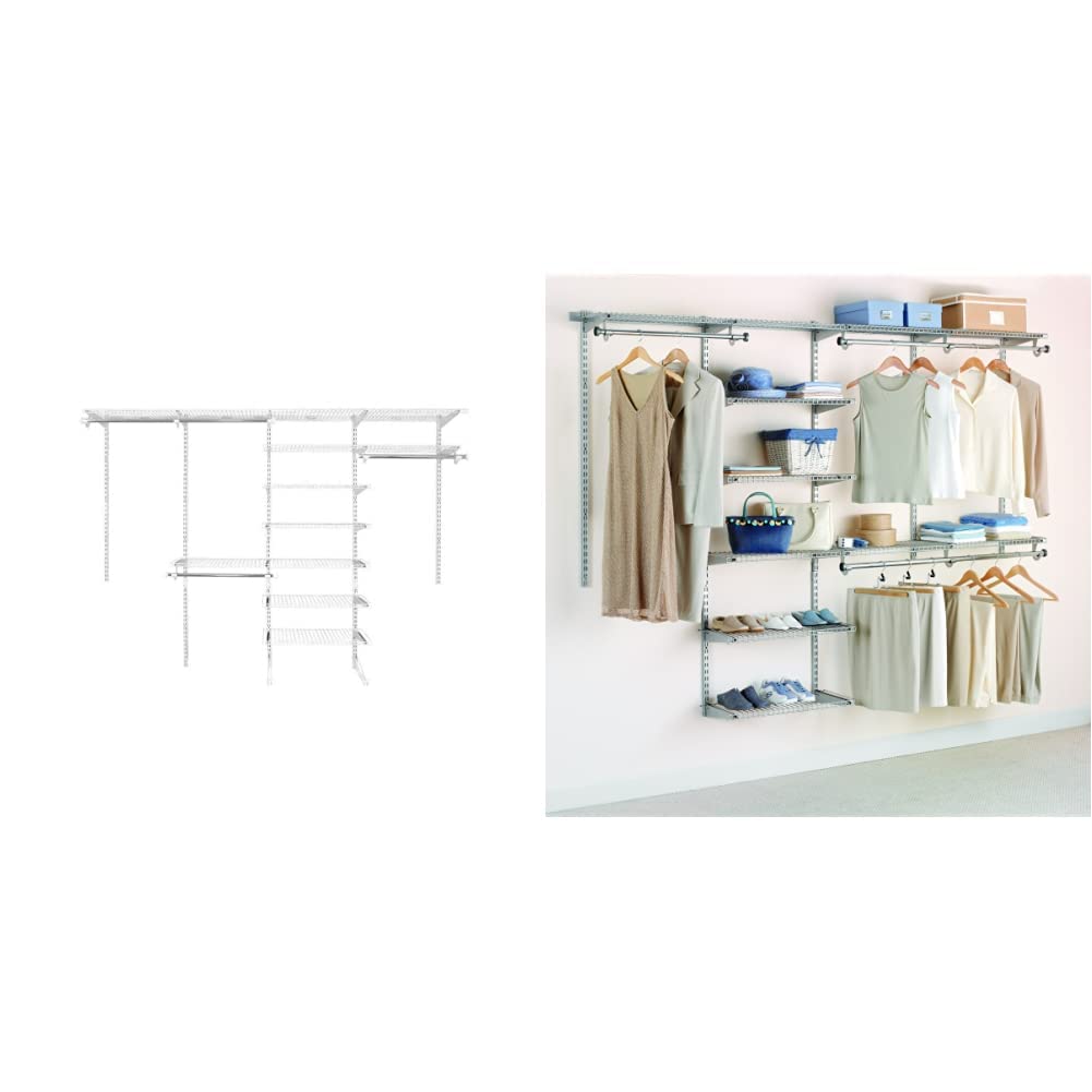 Rubbermaid FastTrack Closet Organizer System - White (6-10 Ft) & Deluxe Closet Kit - Titanium (4-8 Ft) with Adjustable Wire Shelves and Telescoping Rods | Perfect for Bedroom, Walk-in Closet, and Home Storage Organization