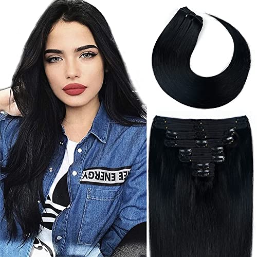 Lysilf Clip-in Human Hair Extensions 22 Inch Jet Black 120g 8pcs - Thick Straight Remy Hair with 18 Clips for Seamless Blending - Perfect for Daily Styling, Parties & Special Occasions