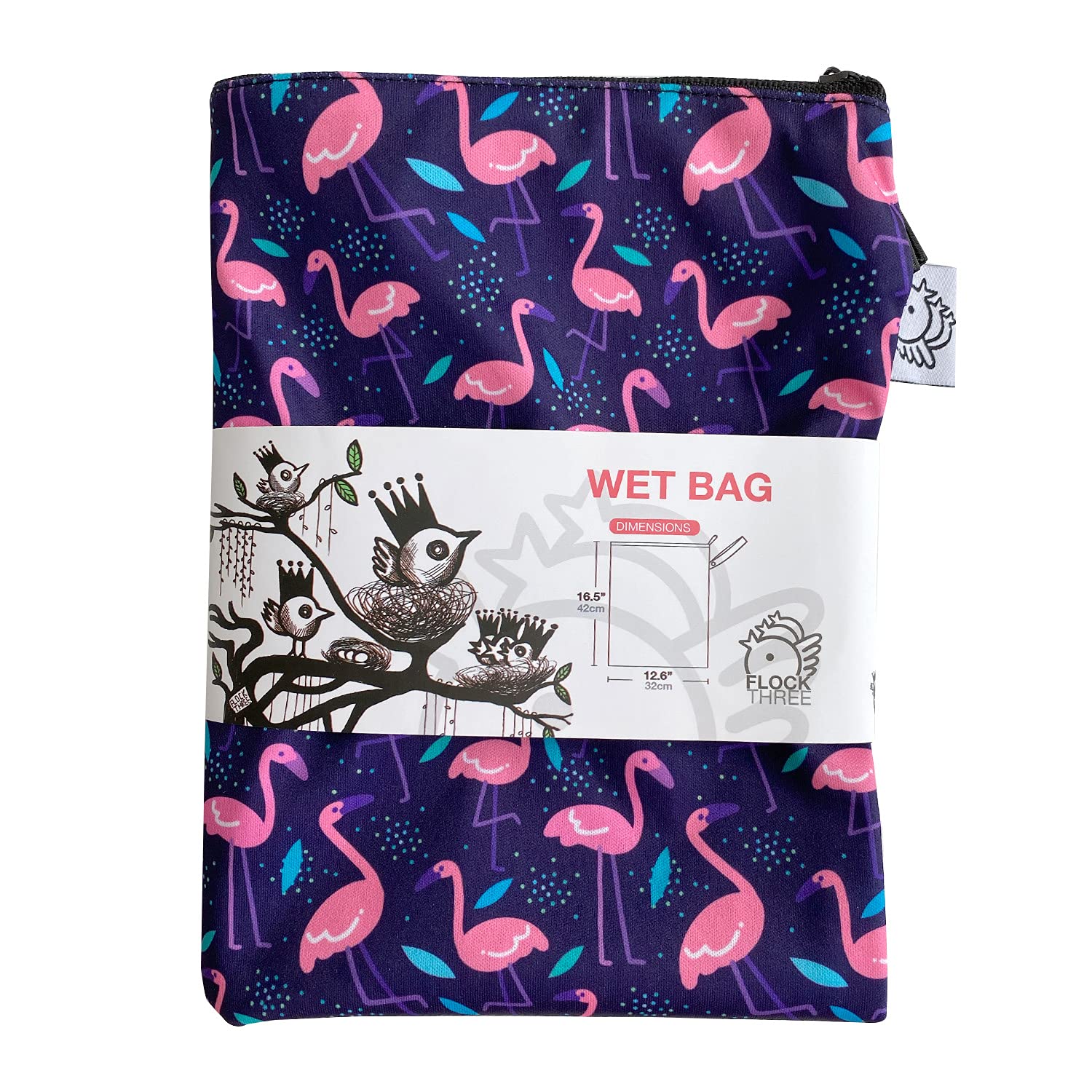 FLOCK THREE Washable Reusable Wet Bag - Waterproof Diaper Bag, Swim Bag & Travel Toiletries Pouch with Zipper (12.6