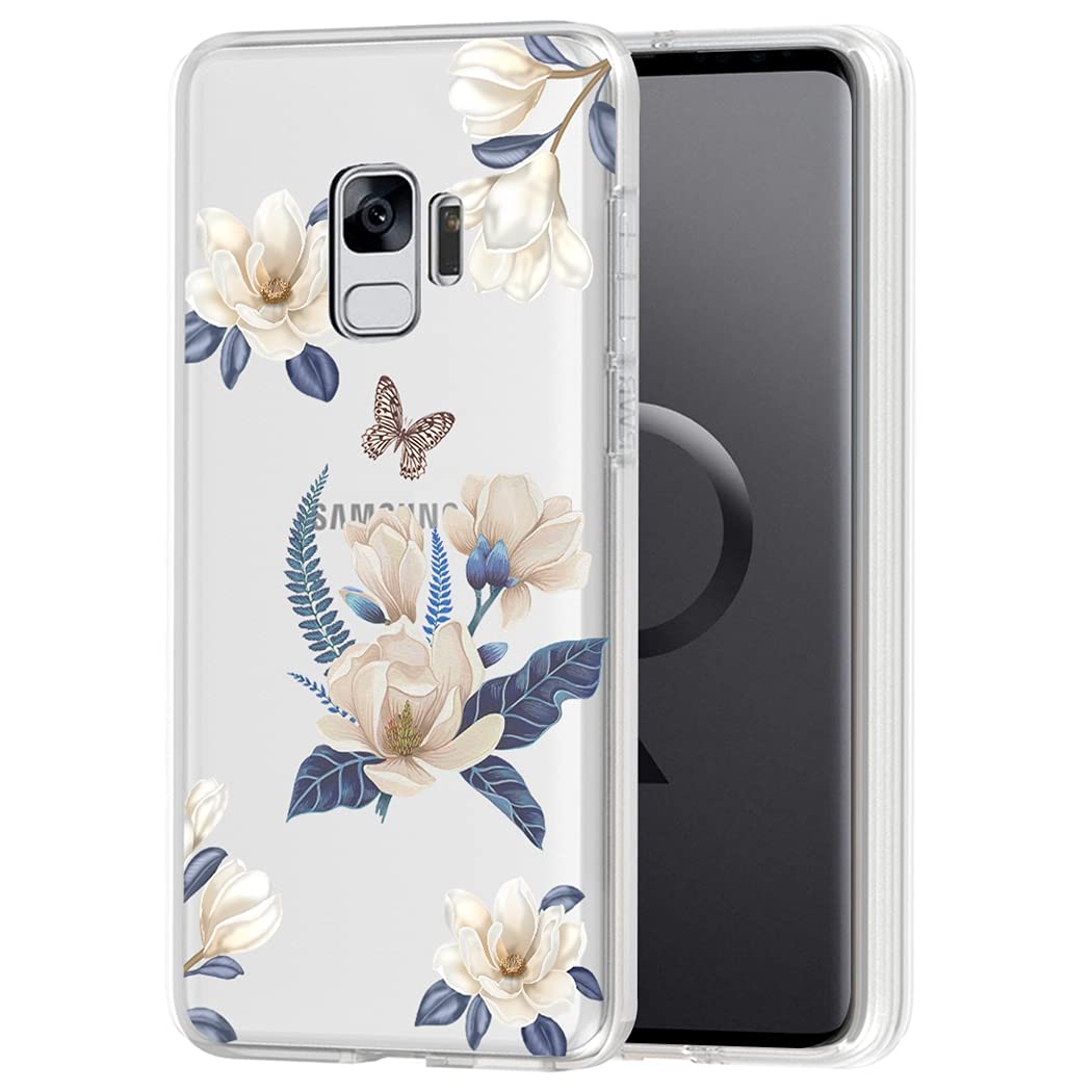 Cute Clear Slim Shockproof Samsung Galaxy S9 Case for Women - Soft Flexible TPU Rubber Protective Phone Cover with Floral Pattern (White Flower) | Perfect for Everyday Use, Work & Travel Protection