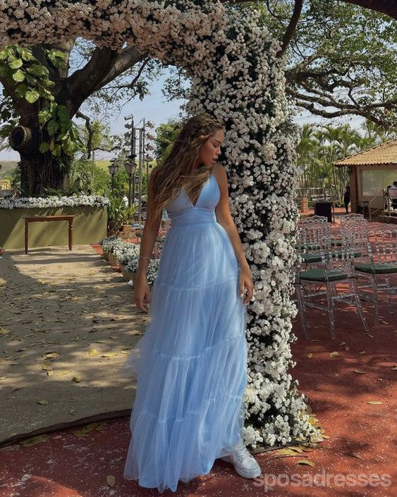 Elegant Blue A-Line V-Neck Long Party Prom Dress for Women - Formal Evening Gown 13793 | Perfect for Homecoming, Wedding Guest, and Special Occasions
