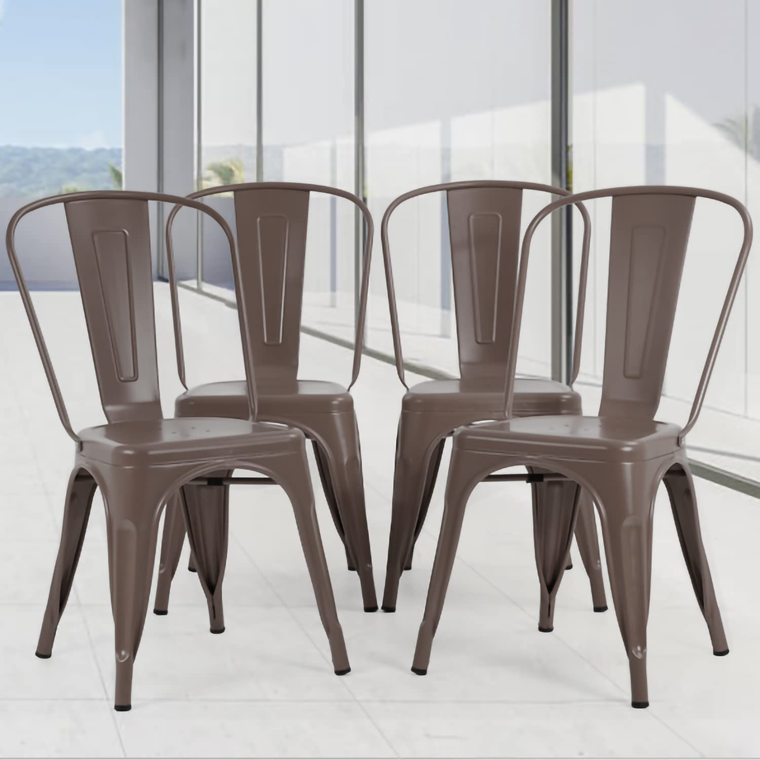 Tolix Style Metal Dining Chairs Set of 4 - 18 Inch Seat Height Indoor/Outdoor Stackable Patio & Restaurant Chairs with 330LBS Weight Capacity in Bronze Brown - Perfect for Bistros, Cafes, and Home Dining Areas