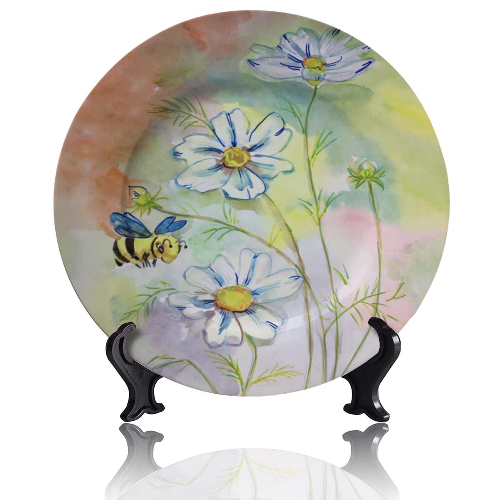 GAGC Floral Bee Painting Decorative Porcelain Plate - 7 Inch Wall Art with Display Stand for Home Decor | Perfect for Living Room, Bedroom & Kitchen Wall Decoration