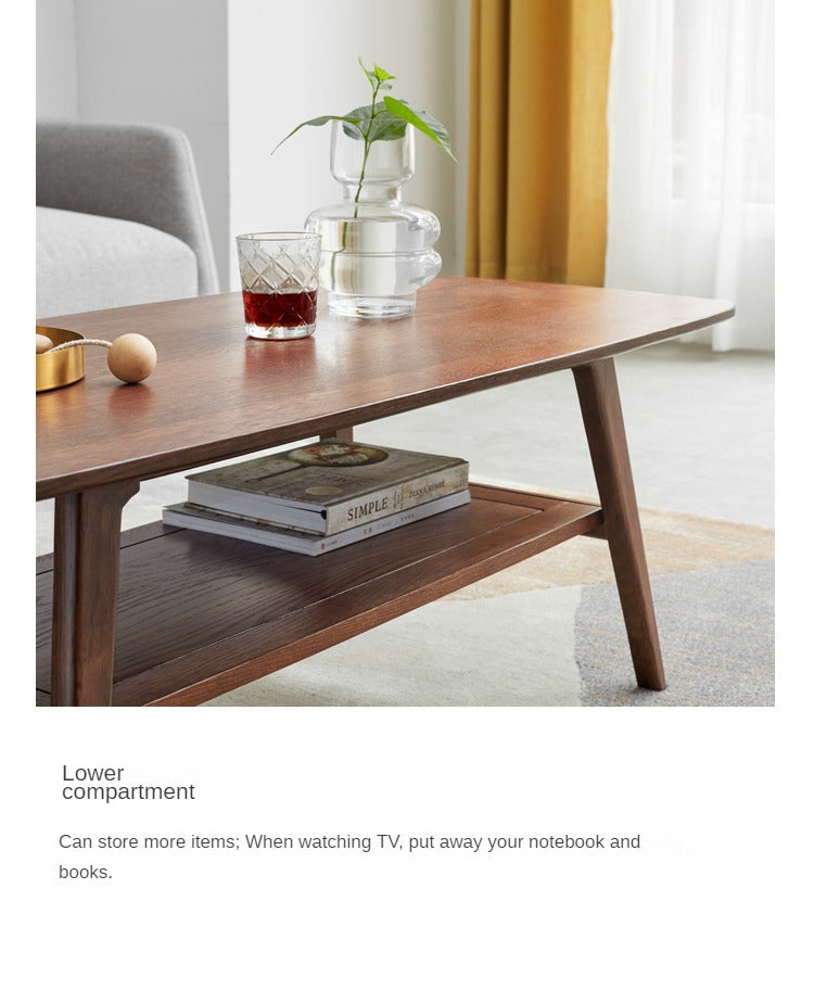 Solid Oak Wood Walnut Finish Double Layer Coffee Table - Modern Living Room Furniture for Home Decor & Small Space