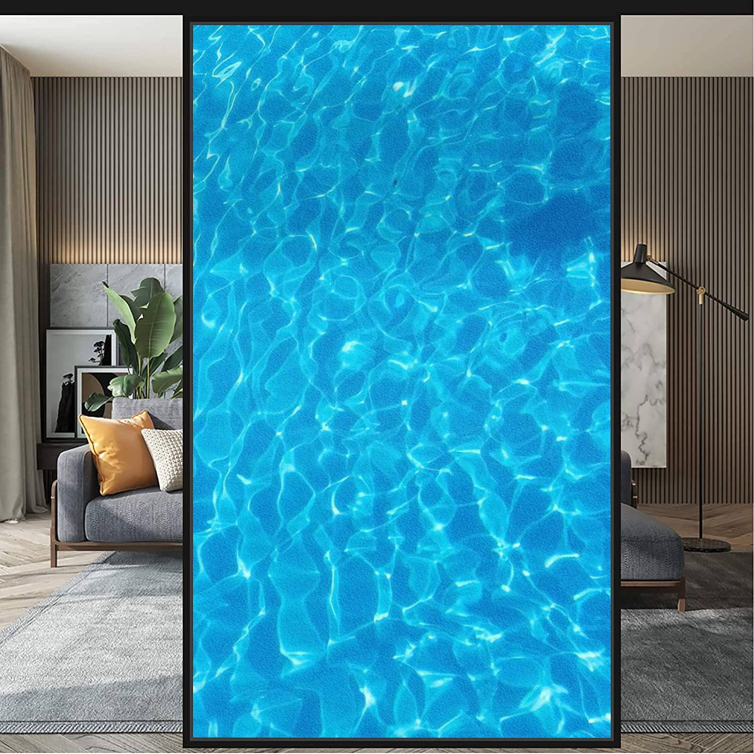 Blue Water Caustics Privacy Window Film - Self-Adhesive, Removable, Anti-UV Decorative Sticker for Office & Bathroom (35.4