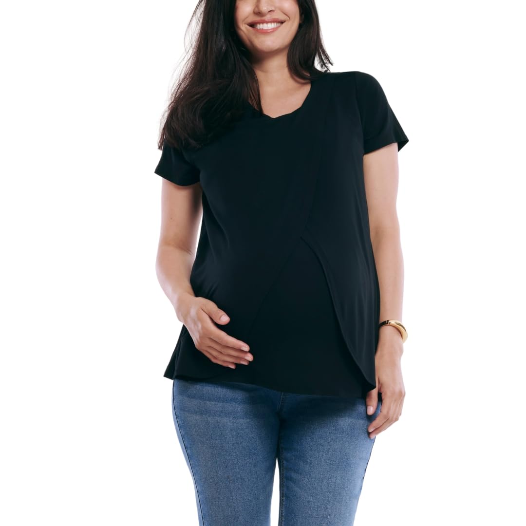 Motherhood Maternity Women's Nursing Tee - Soft Short Sleeve Scoop Neck Maternity Shirt with Layered Tulip Design | Perfect for Breastfeeding, Pregnancy & Everyday Comfort