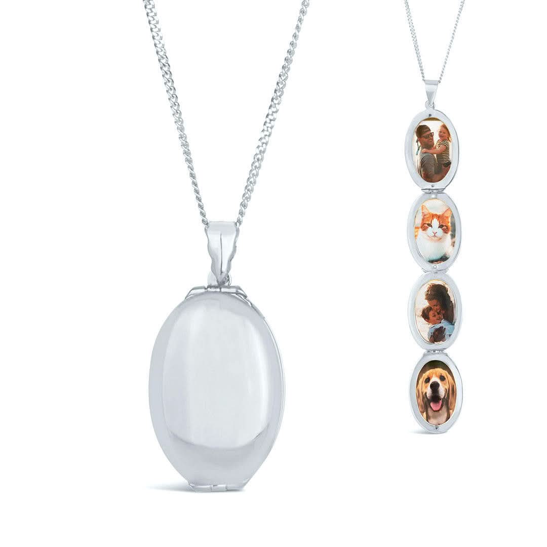 Elegant White Gold Four Picture Oval Locket - Perfect for Cherishing Family Memories, Anniversaries & Special Occasions