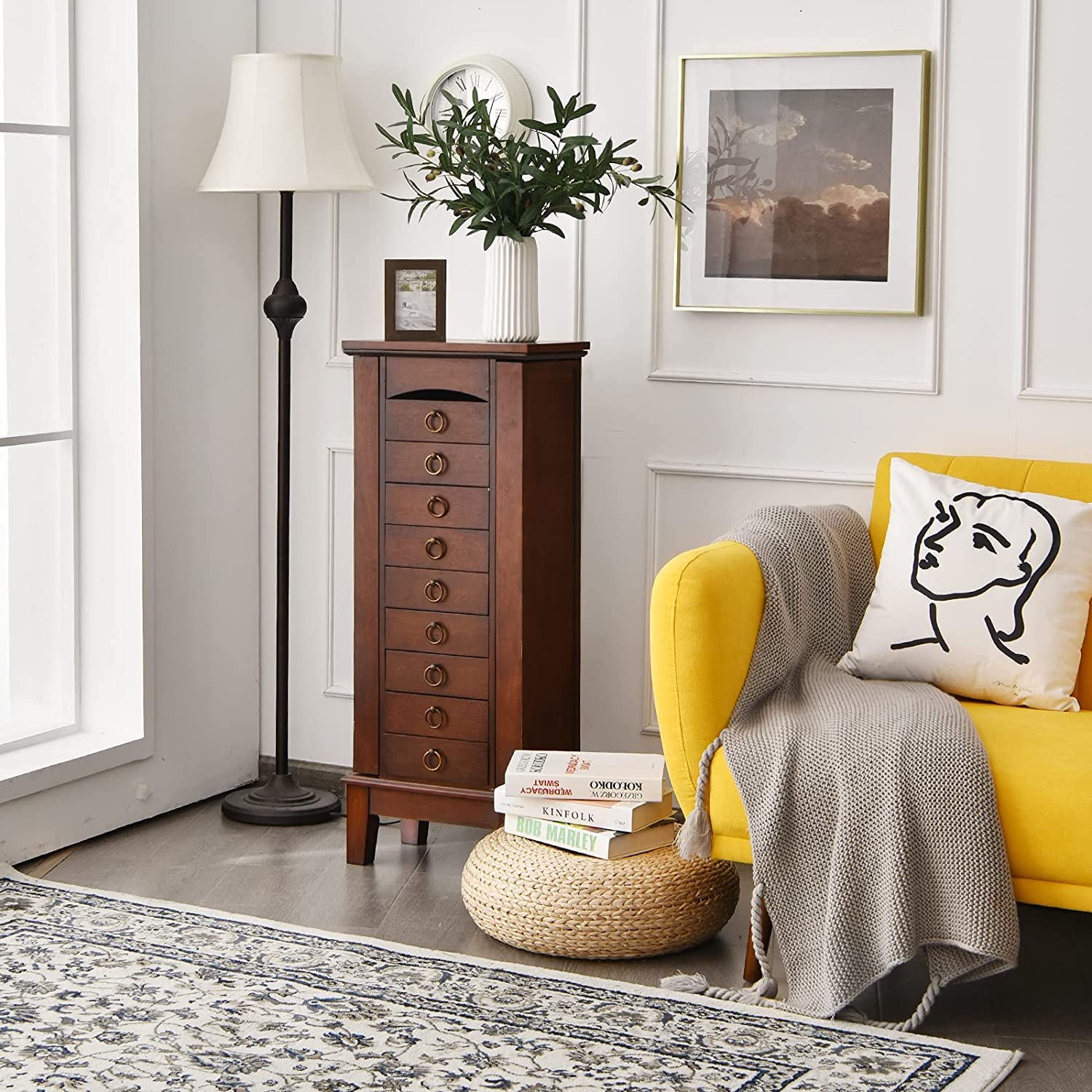 FANTASK Standing Jewelry Armoire Cabinet - Wooden Jewelry Storage Chest with Flip Top Mirror, 9 Drawers & 2 Side Doors - Large Bedroom Storage Organizer for Necklaces, Rings & Accessories - Perfect for Walk-in Closets, Dressing Rooms & Master Bedrooms (Walnut)
