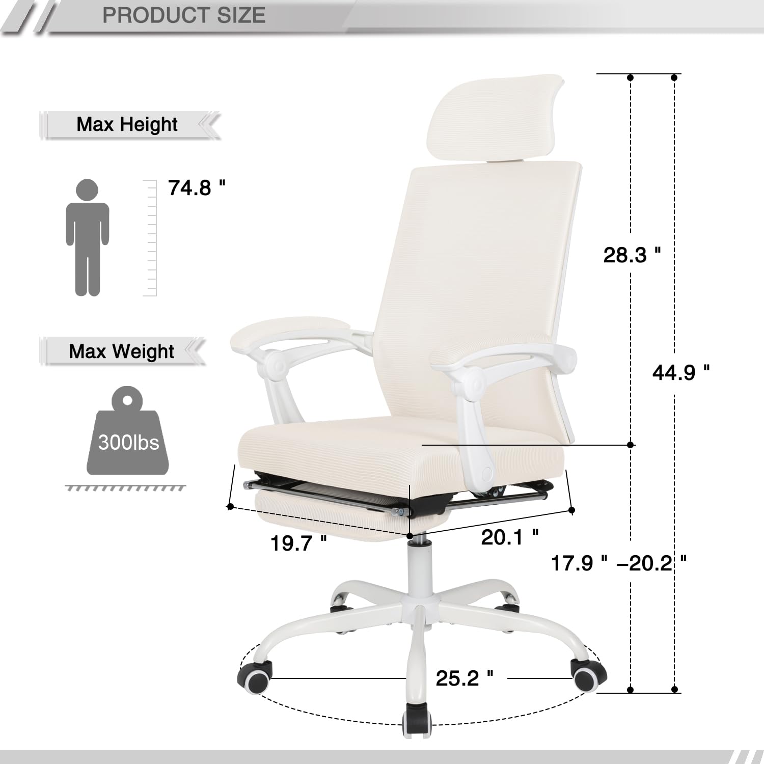 Qulomvs Ergonomic Mesh Office Chair with Adjustable Headrest, Lumbar Support & Footrest - 90-135° Reclining Executive Computer Desk Chair with 360° Swivel & Wheels - Perfect for Home Office, Gaming & Workspace Comfort
