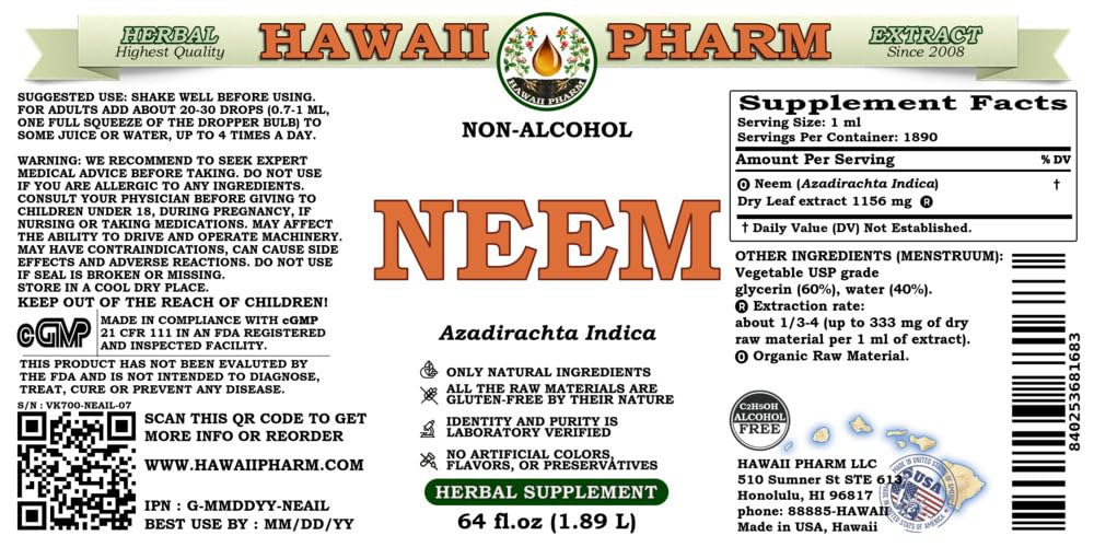 Organic Neem Leaf Extract Alcohol-Free Liquid - Azadirachta Indica Herbal Supplement by Hawaii Pharm | 64 fl.oz Natural Glycerite for Skin Care, Hair Growth & Immune Support