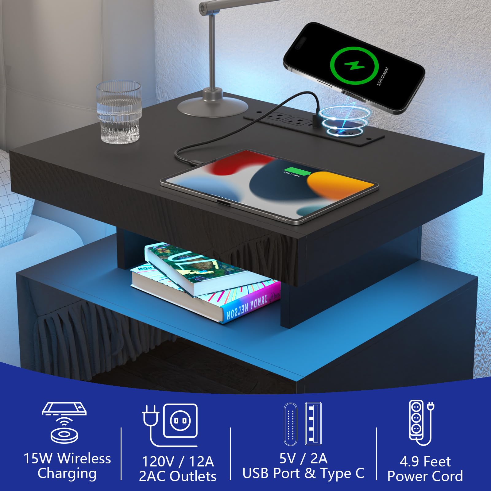 HOMMPA LED Nightstand with Wireless Charging, USB Ports & RGB Adjustable Lights - High Gloss Smart Bedside Table with 2 Drawers - Modern Black Night Stand for Bedroom, Living Room & Office Use