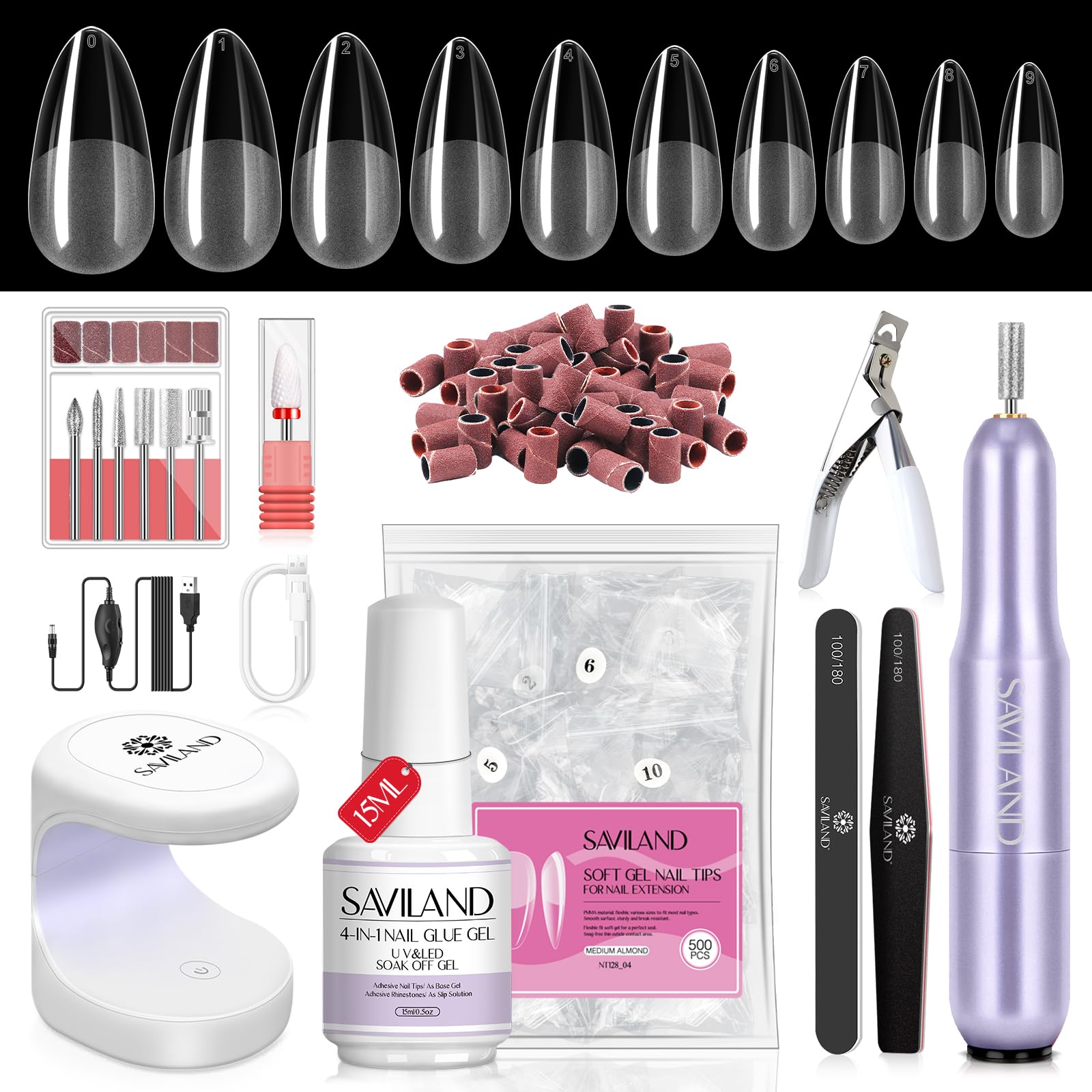 SAVILAND Professional Almond Gel Nail Kit with UV LED Lamp & 500 Nail Tips - DIY Manicure Set for Home, Salon & Nail Art | Perfect for Beginners & Professionals