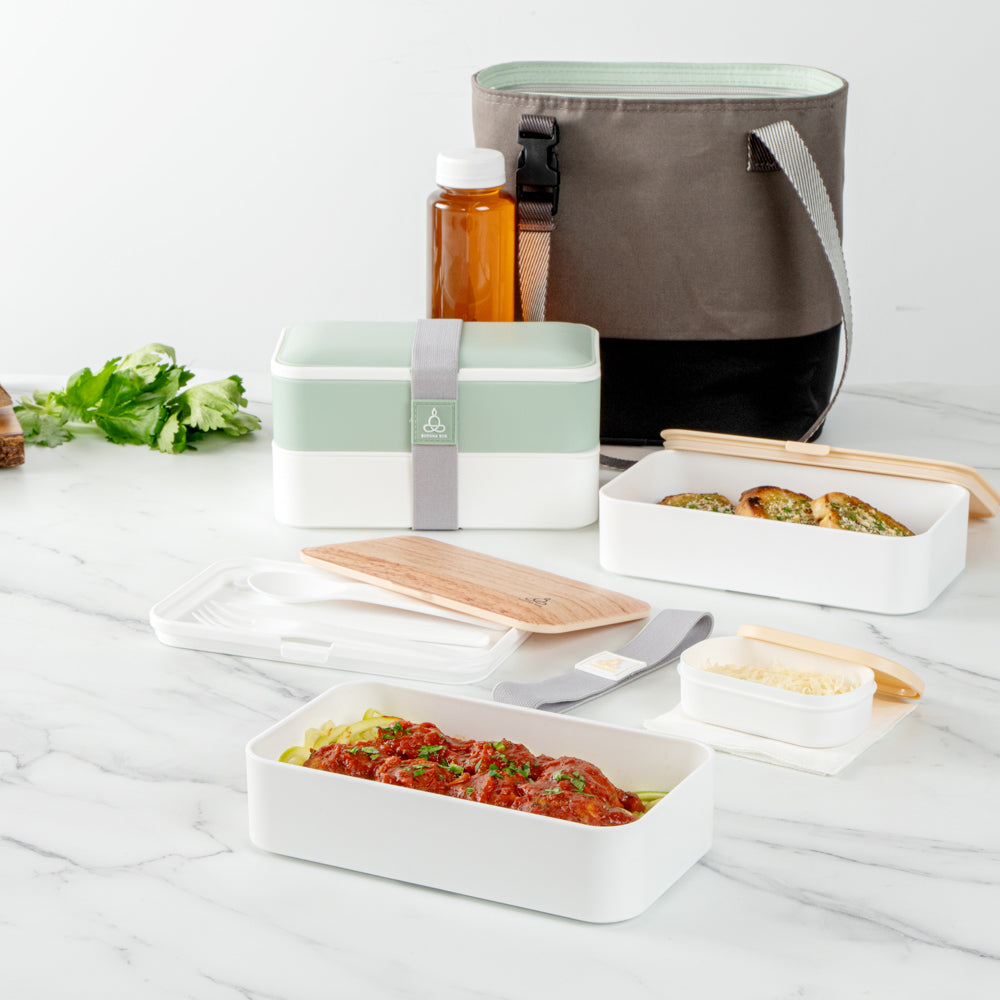Bento Tek 41 oz Wood Grain & White Buddha Lunch Box with Utensils & Sauce Cup | 7.25