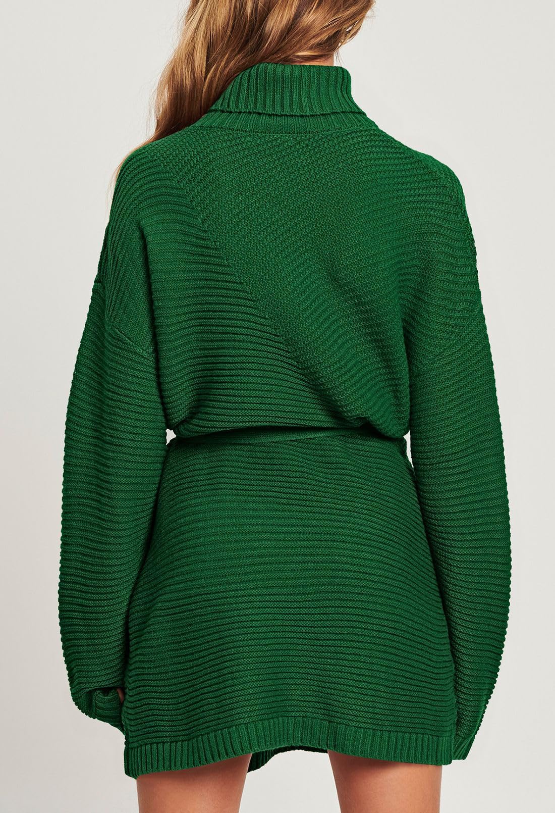 Pink Queen Women's Winter Sweater Dress - Cute High Neck Batwing Sleeve Ribbed Knit Mini Dress with Belt in Green | Cozy Loose Fit for Holiday Parties & Casual Outings